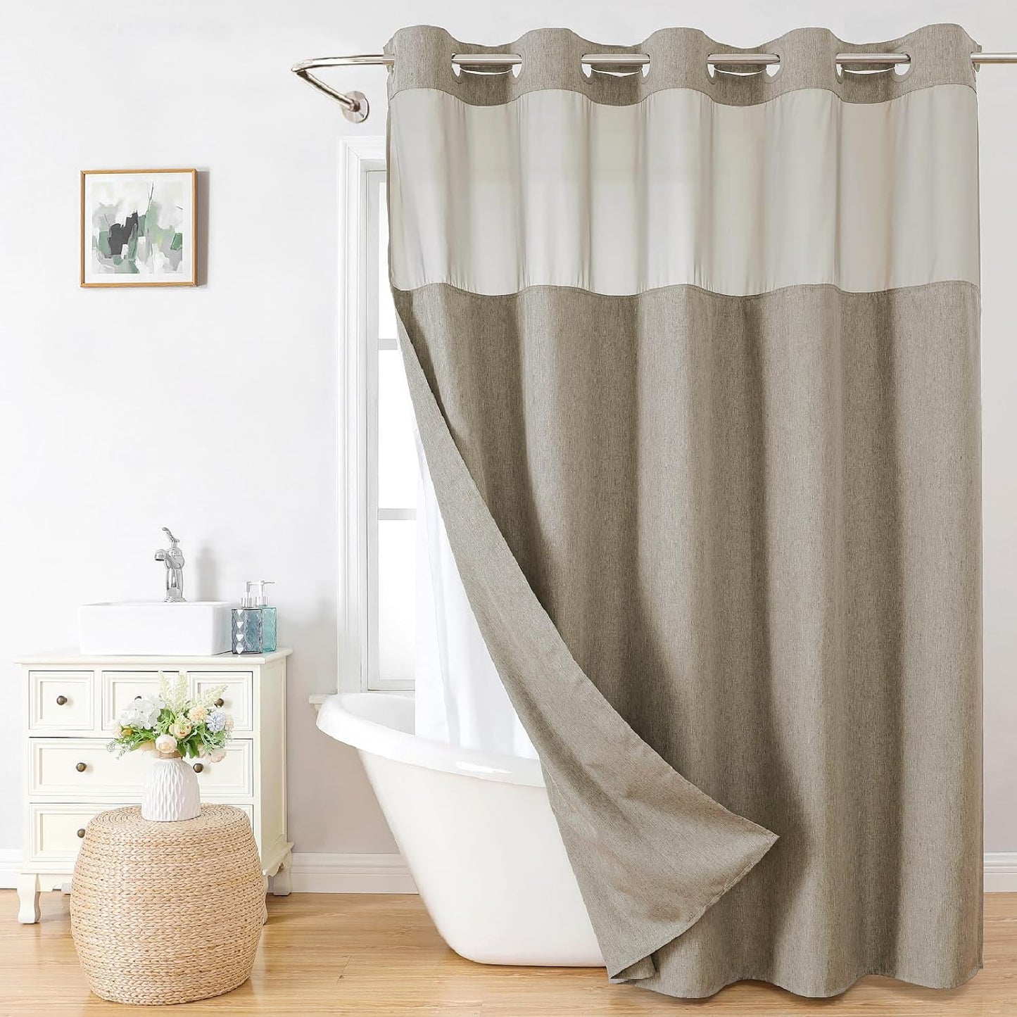No Hooks Polyester Textured Shower Curtain with Snap-in Fabric Liner Set, Hotel Luxury Decor Shower Curtains for Bathroom with See Through Top Window, Waterproof & Washable, 71Wx74H, Cream
