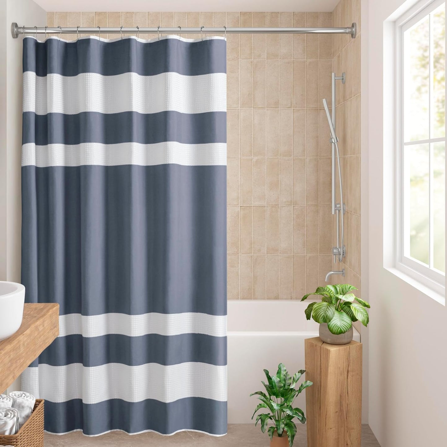 Madison Park Shower Curtain Waffle Weave Striped Pieced Design Fabric Shower Curtains for Bathroom with 3M Scotchgard Moisture Management Premium Spa Quality Modern Standard 72"x72" Grey