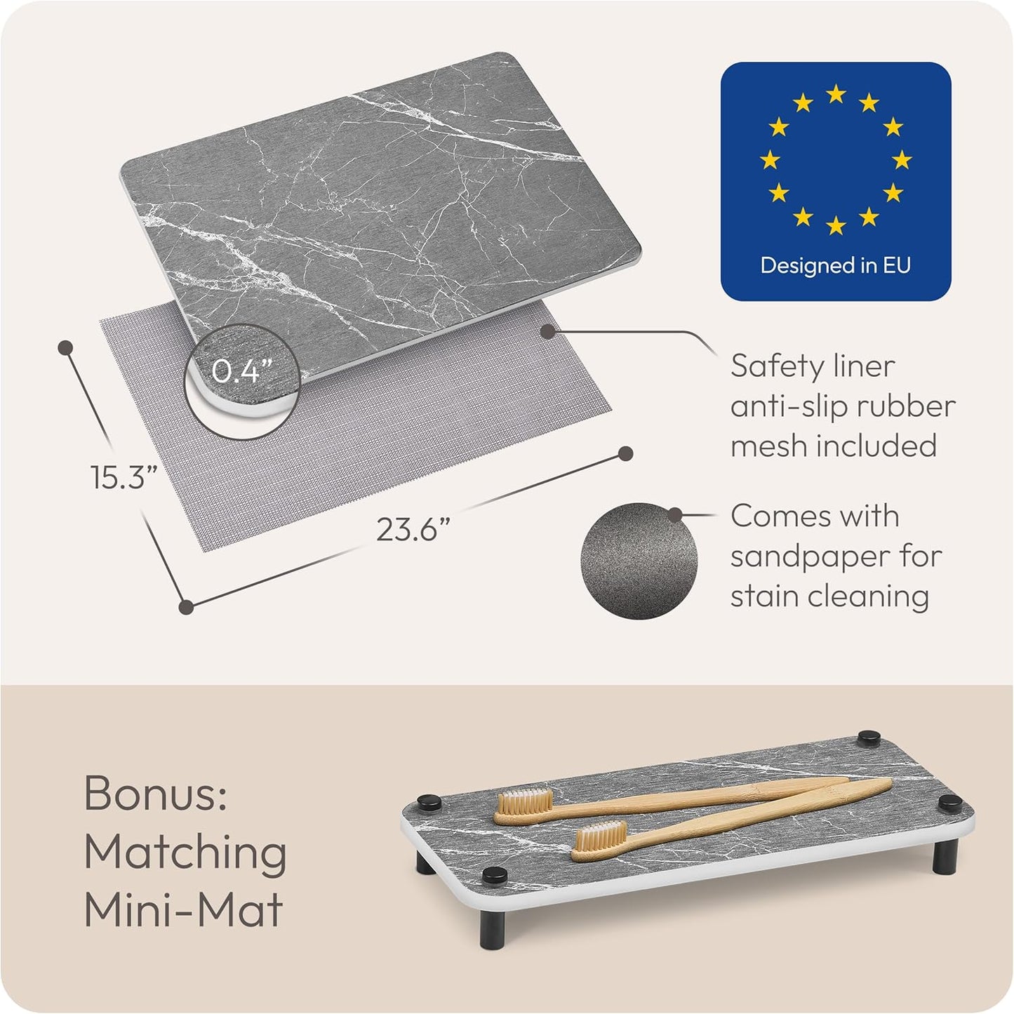 Stone Bath Mat Quick-Dry Absorbing Diatomaceous Earth Bath Mat | 2 Stone Mats - Large & Small Mat for Bathroom | Anti-Slip Diatomaceous Bathmat 100% Natural Bathroom Rug Stones (Gray Marble)