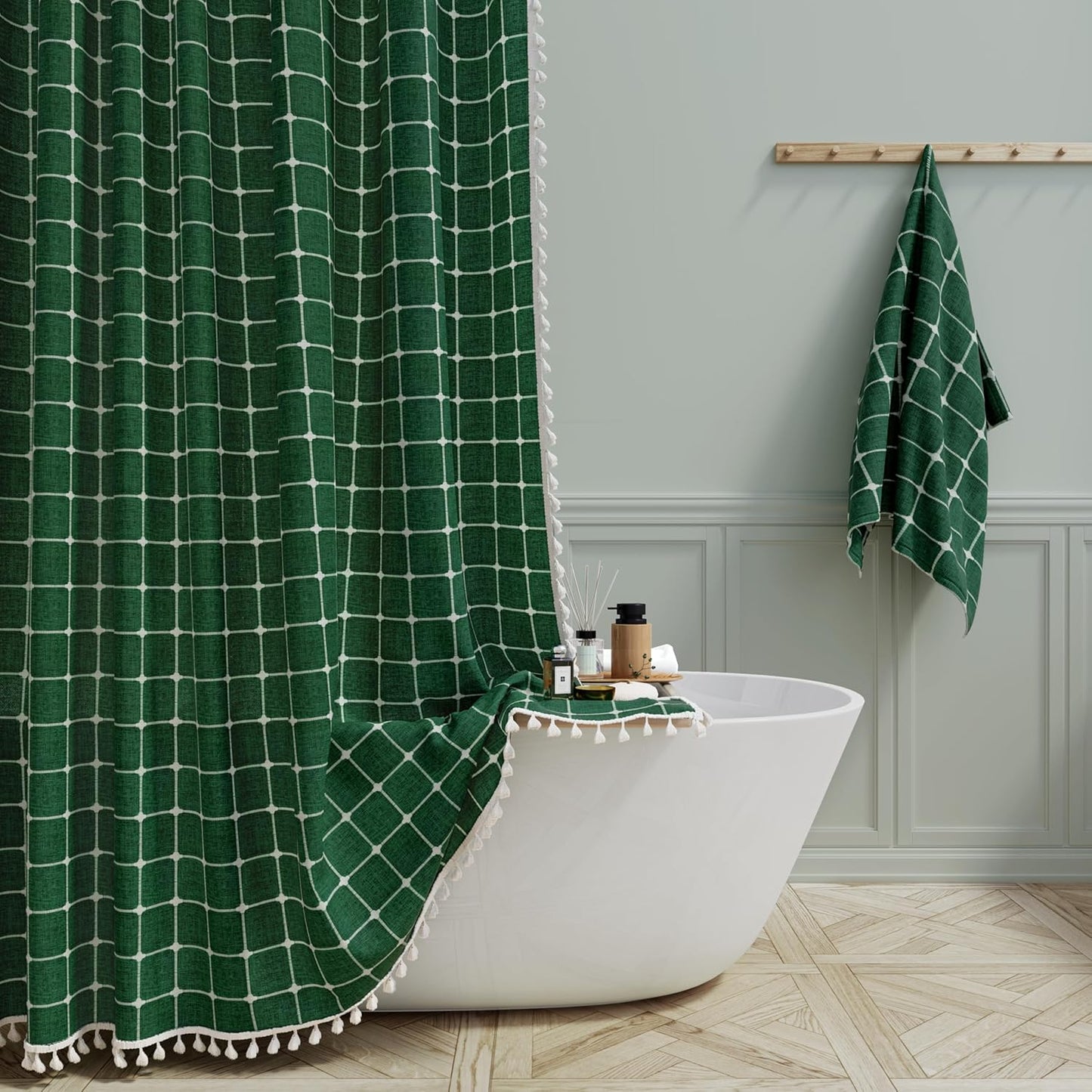 BTTN Extra Long Shower Curtain - 72x84 Inch Long Boho Linen Thick Fabric Shower Curtain Set with Plastic Hooks, Tall Farmhouse French Country Chic Macrame Cloth Shower Curtains for Bathroom, Tan/Taupe