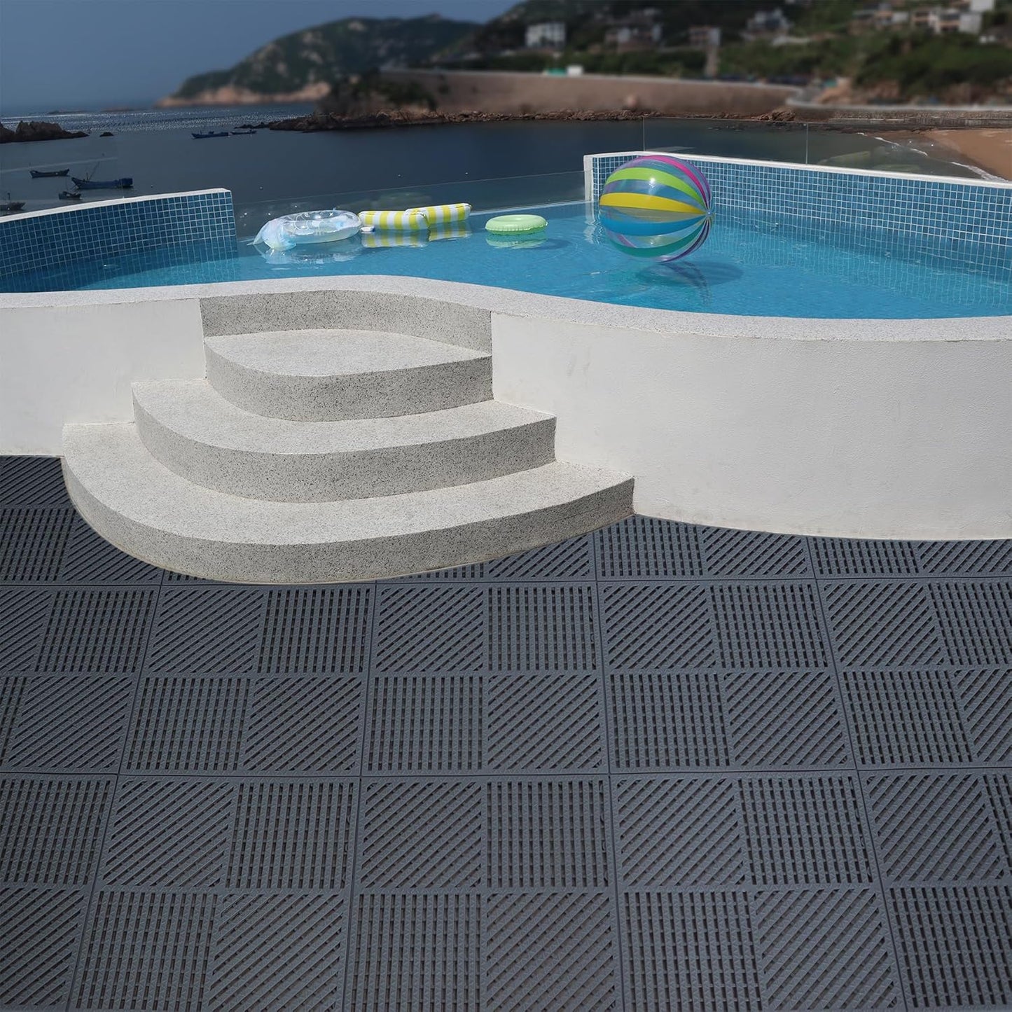 18 Pack Interlocking Drainage Tiles Double Non-Slip Tiles Mat with Drain Holes for Pool, Bathroom, Shower, Pantry, Patio, Boat, Pet Area, 12"×12" Dark Gray