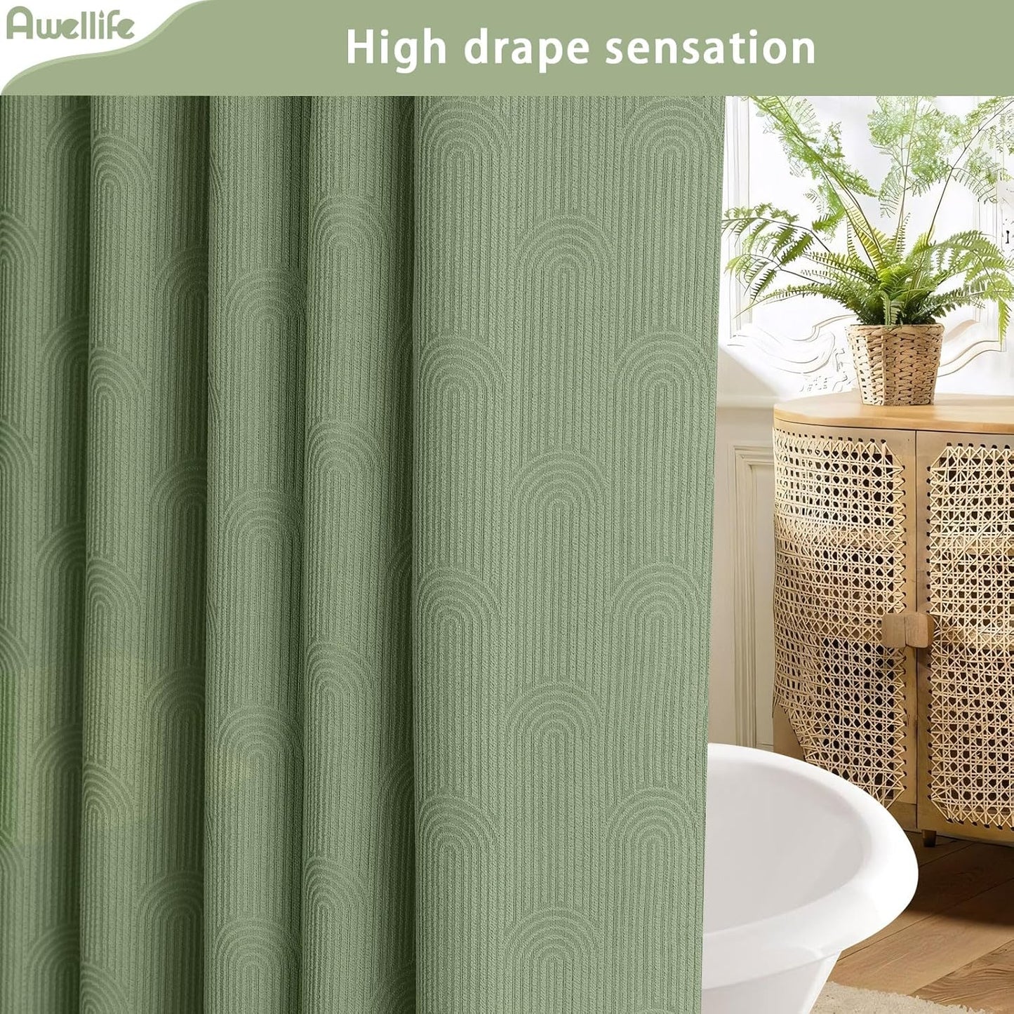 Awellife Sage Green Shower Curtains for Bathroom Cotton Fabric Touch Bohemian Mid Century Boho Minimalist Arch 72" L X 72" W