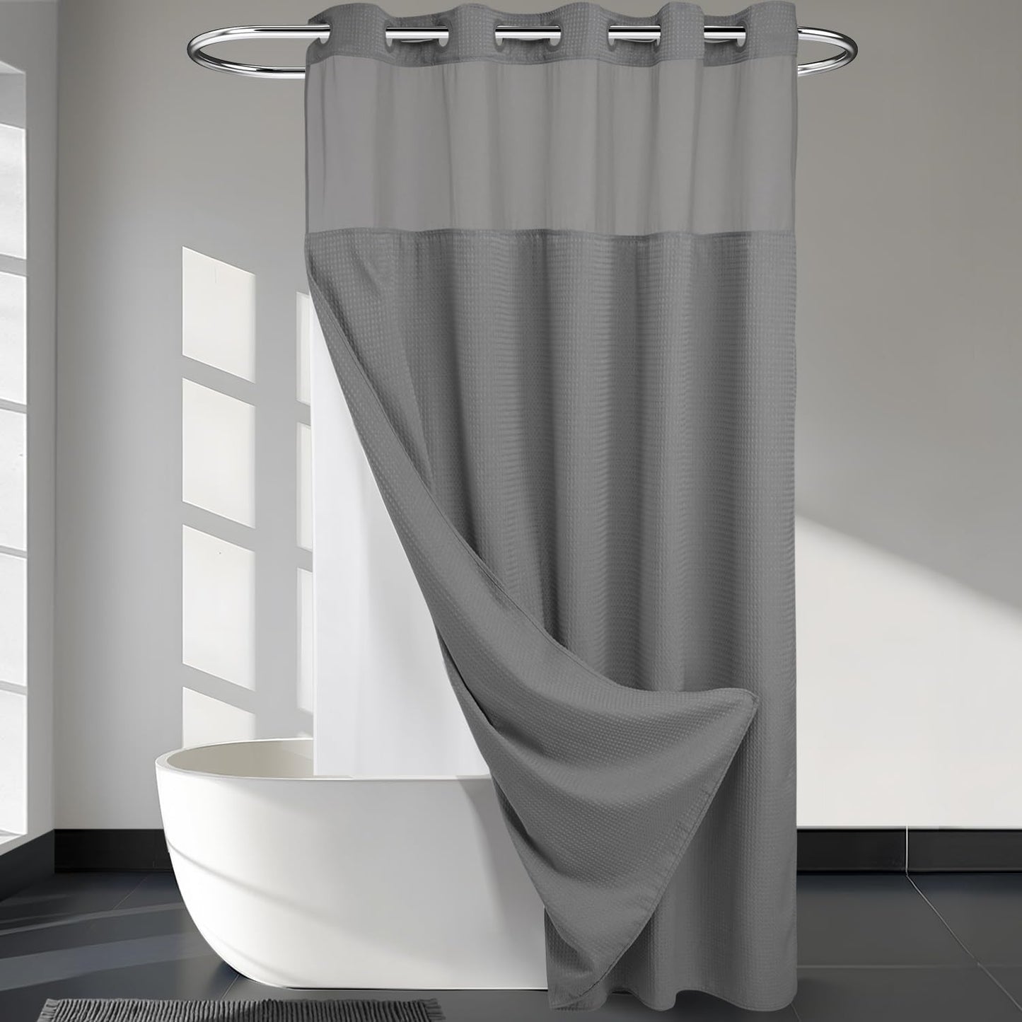 River Dream Heavyweight No Hooks Required Dotted Waffle Weave Shower Curtain with Snap in Liner - 71W x 74H,Hotel Grade,Spa Like Bath Curtain,Graphite Grey