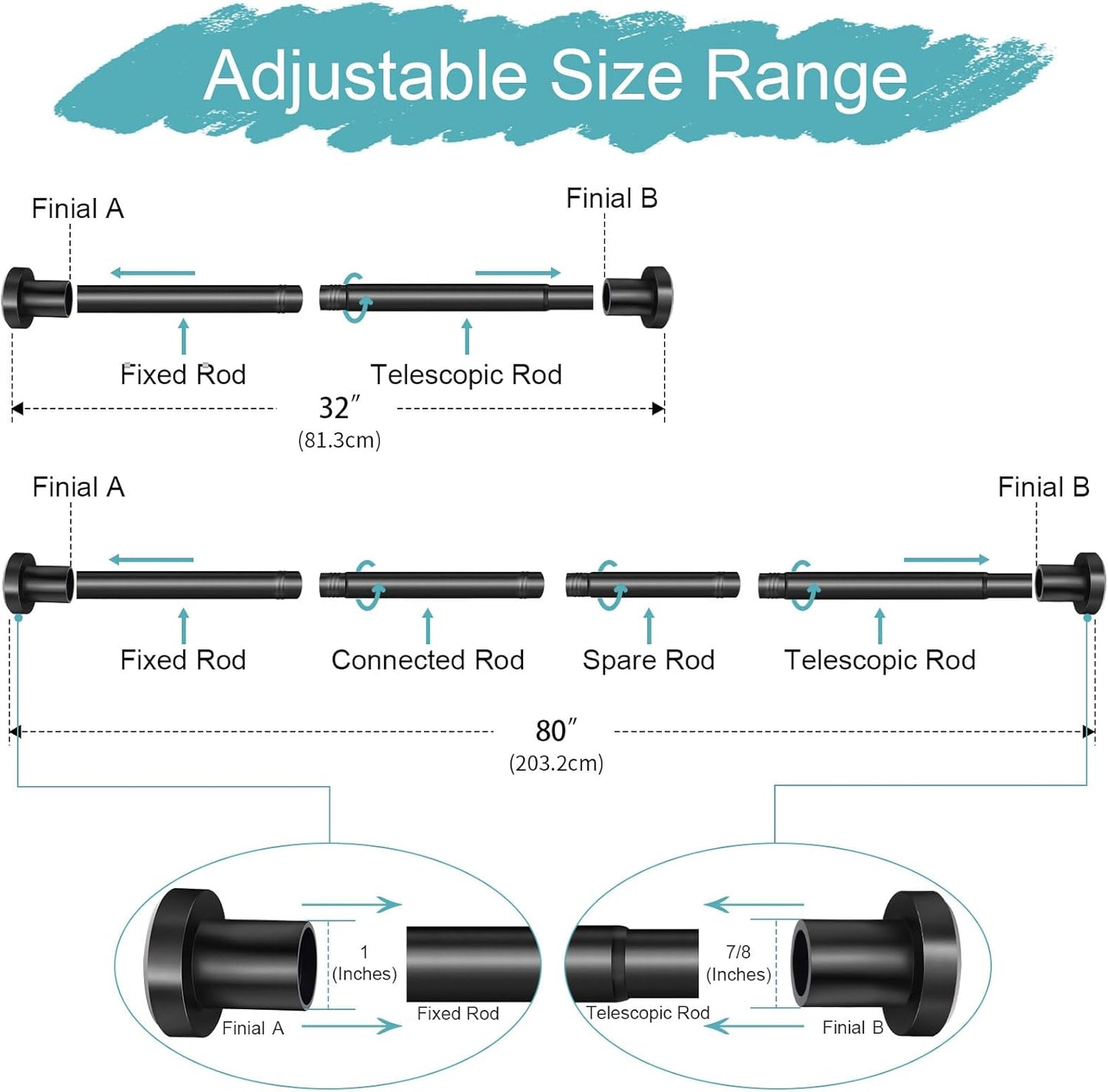 YNL Black Shower Curtain Rod 32-80 Inch(2.7-6.6ft), Non-Slip, Never Rust, Stainless Steel No Drill Spring Tension Shower Rod, Telescoping Curtain Rod for Bathroom Window Living Room