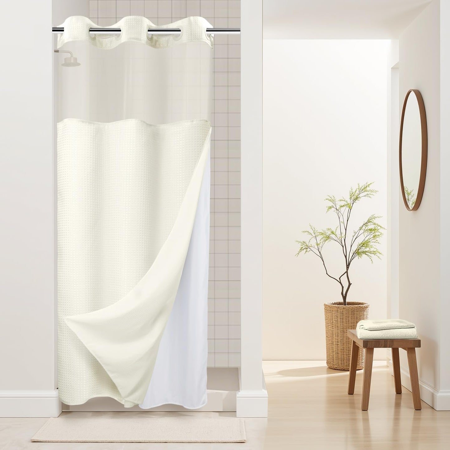 River Dream Heavyweight No Hooks Required Dotted Waffle Weave Shower Curtain with Snap in Liner - 71W x 74H,Hotel Grade,Spa Like Bath Curtain,Graphite Grey