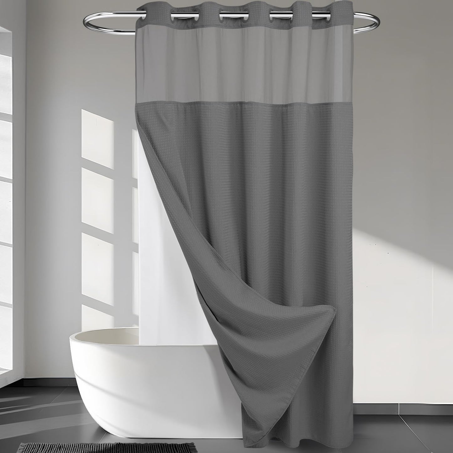 River Dream Heavyweight No Hooks Required Dotted Waffle Weave Shower Curtain with Snap in Liner - 71W x 74H,Hotel Grade,Spa Like Bath Curtain,Graphite Grey