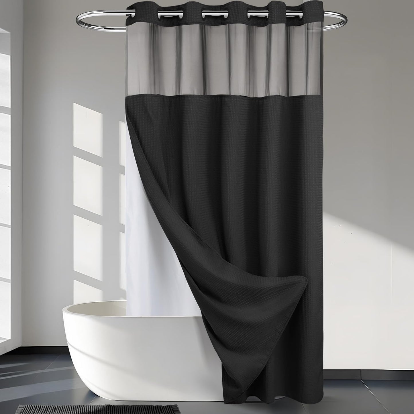 River Dream Heavyweight No Hooks Required Dotted Waffle Weave Shower Curtain with Snap in Liner - 71W x 74H,Hotel Grade,Spa Like Bath Curtain,Graphite Grey
