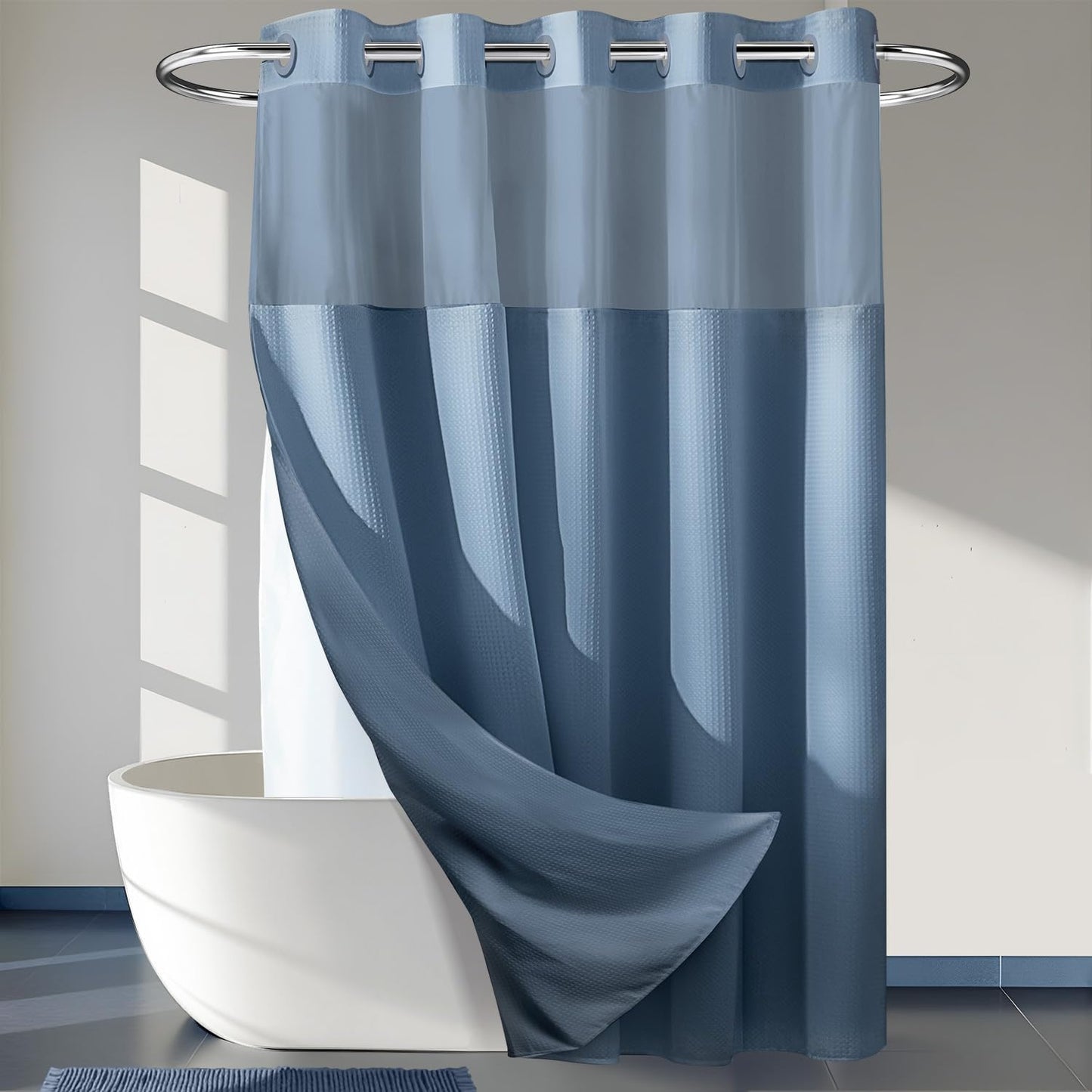 River Dream Heavyweight No Hooks Required Dotted Waffle Weave Shower Curtain with Snap in Liner - 71W x 74H,Hotel Grade,Spa Like Bath Curtain,Graphite Grey