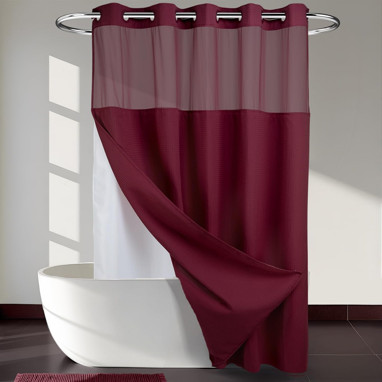 River Dream Heavyweight No Hooks Required Dotted Waffle Weave Shower Curtain with Snap in Liner - 71W x 74H,Hotel Grade,Spa Like Bath Curtain,Graphite Grey