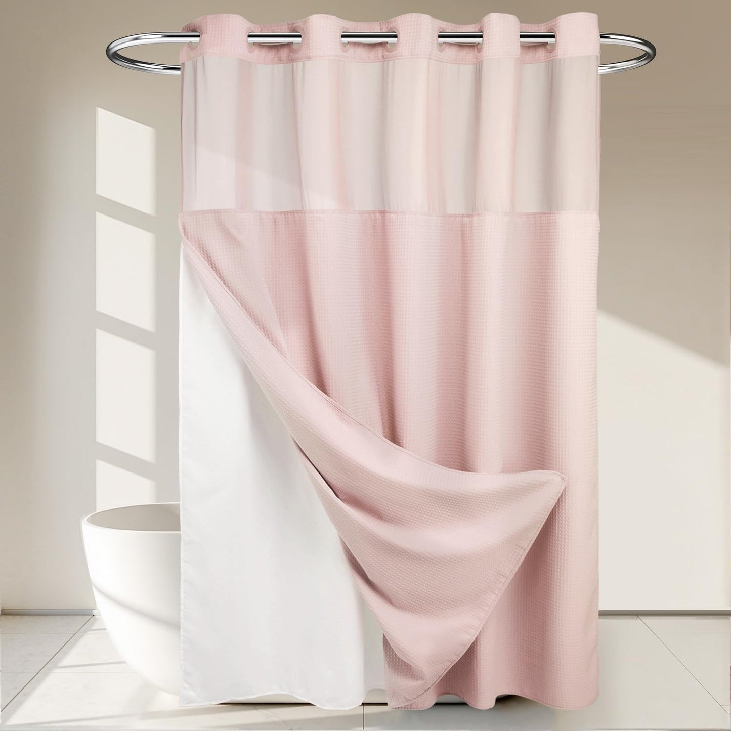 River Dream Heavyweight No Hooks Required Dotted Waffle Weave Shower Curtain with Snap in Liner - 71W x 74H,Hotel Grade,Spa Like Bath Curtain,Graphite Grey