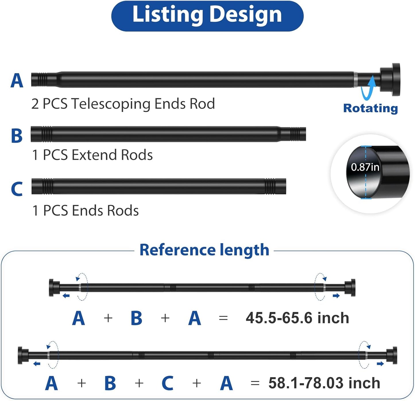 2Pack Shower Curtain Rod 45-78Inch,Tension Curtain Rods,Black Shower Rods for Bathroom, Spring Tension Rod No Drilling for Window,Closet, Door