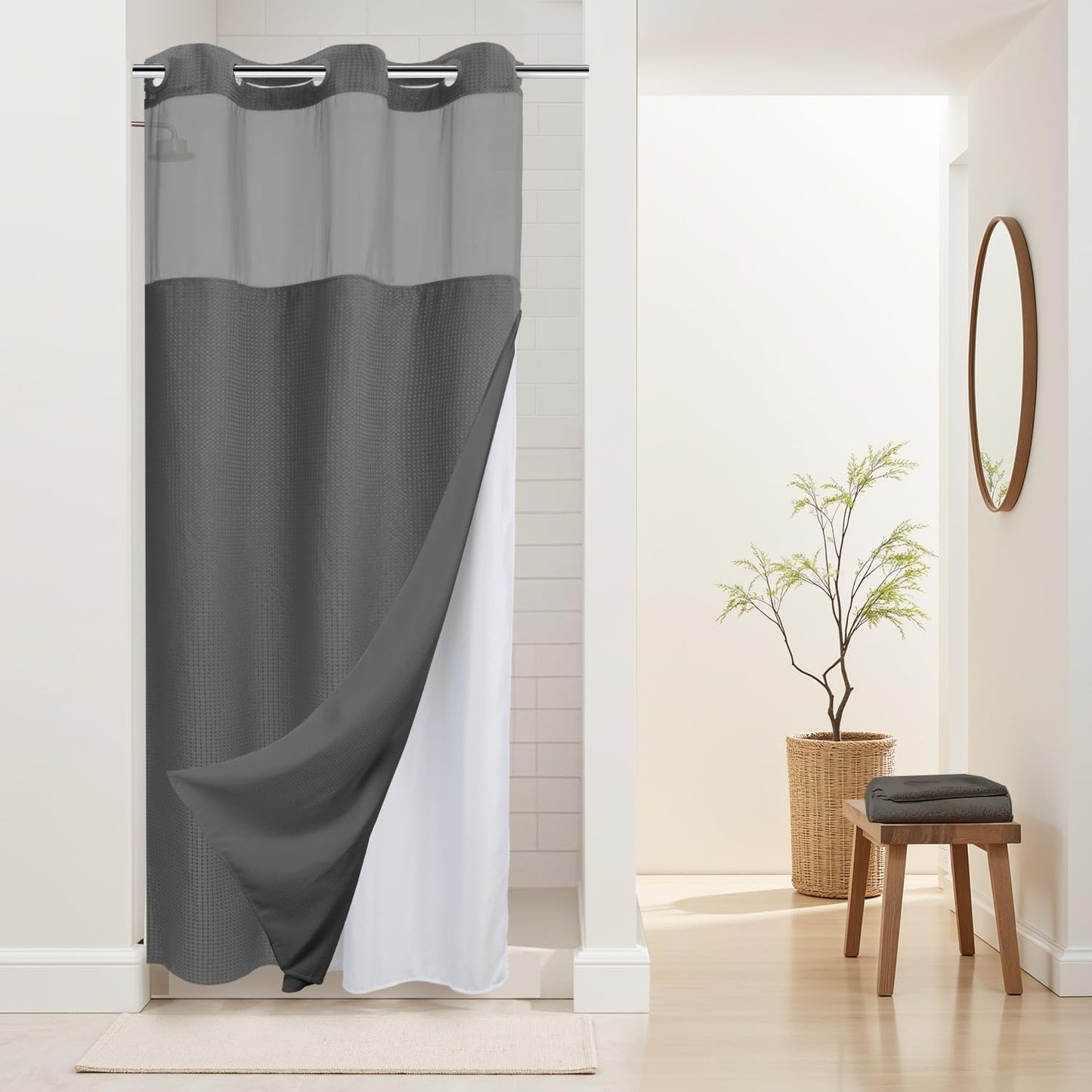 River Dream Heavyweight No Hooks Required Dotted Waffle Weave Shower Curtain with Snap in Liner - 71W x 74H,Hotel Grade,Spa Like Bath Curtain,Graphite Grey