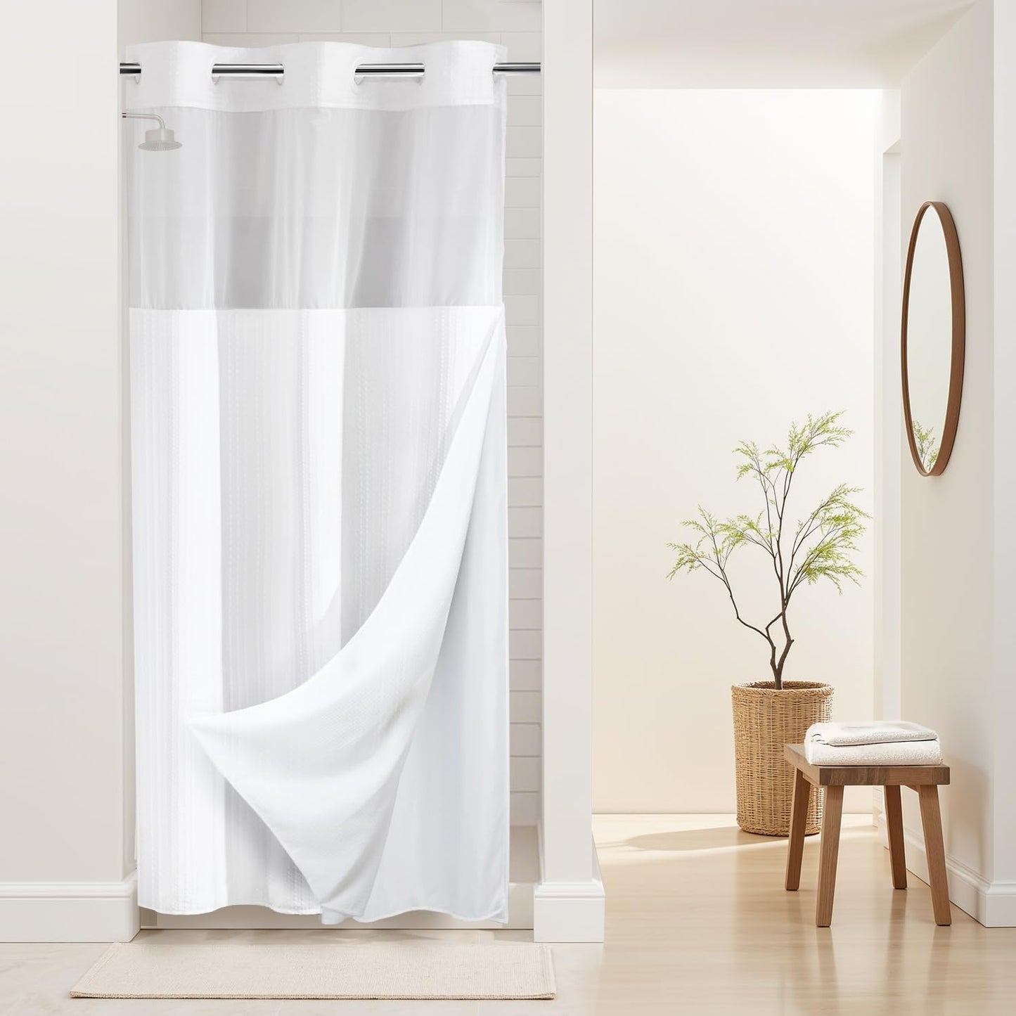 River Dream Heavyweight No Hooks Required Dotted Waffle Weave Shower Curtain with Snap in Liner - 71W x 74H,Hotel Grade,Spa Like Bath Curtain,Graphite Grey
