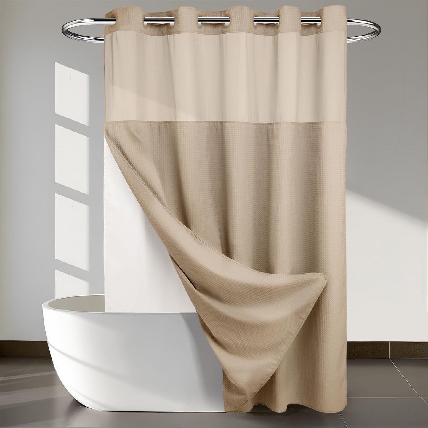River Dream Heavyweight No Hooks Required Dotted Waffle Weave Shower Curtain with Snap in Liner - 71W x 74H,Hotel Grade,Spa Like Bath Curtain,Graphite Grey