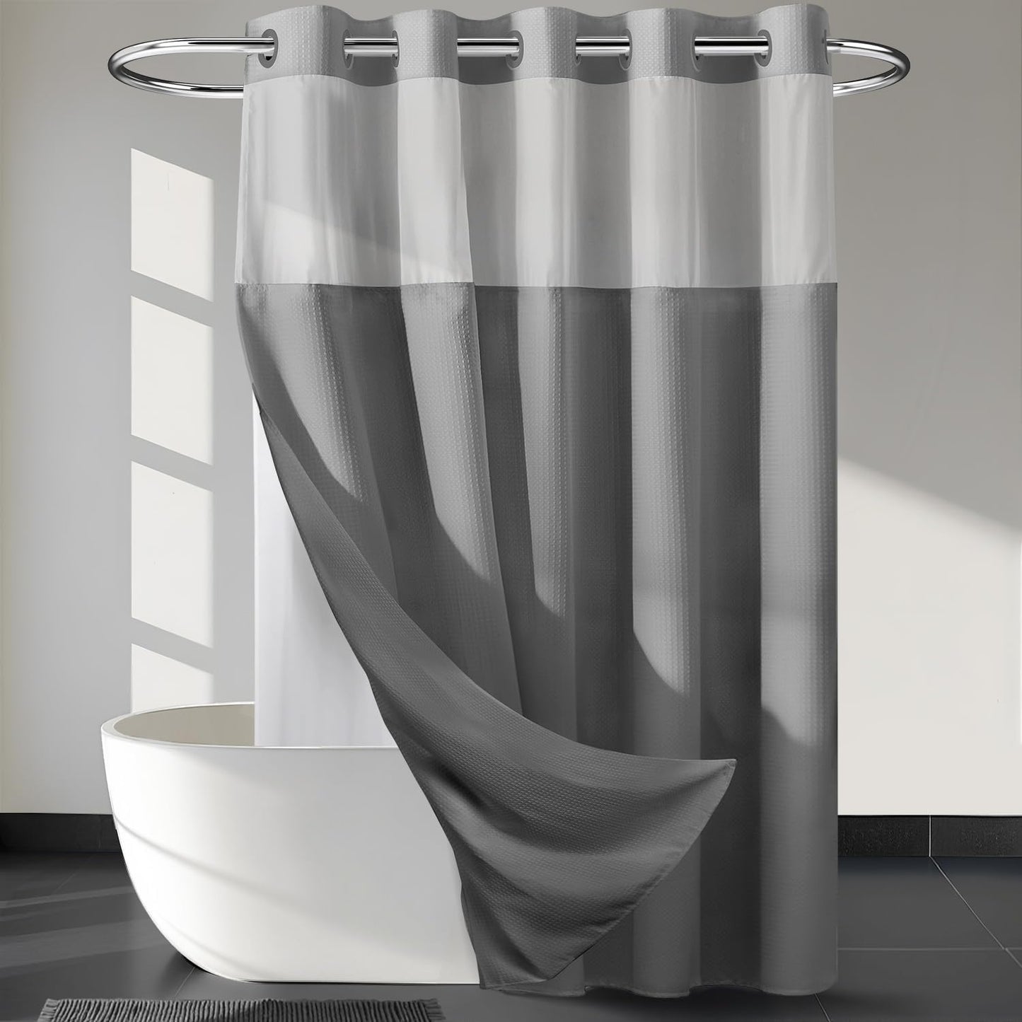 River Dream Heavyweight No Hooks Required Dotted Waffle Weave Shower Curtain with Snap in Liner - 71W x 74H,Hotel Grade,Spa Like Bath Curtain,Graphite Grey