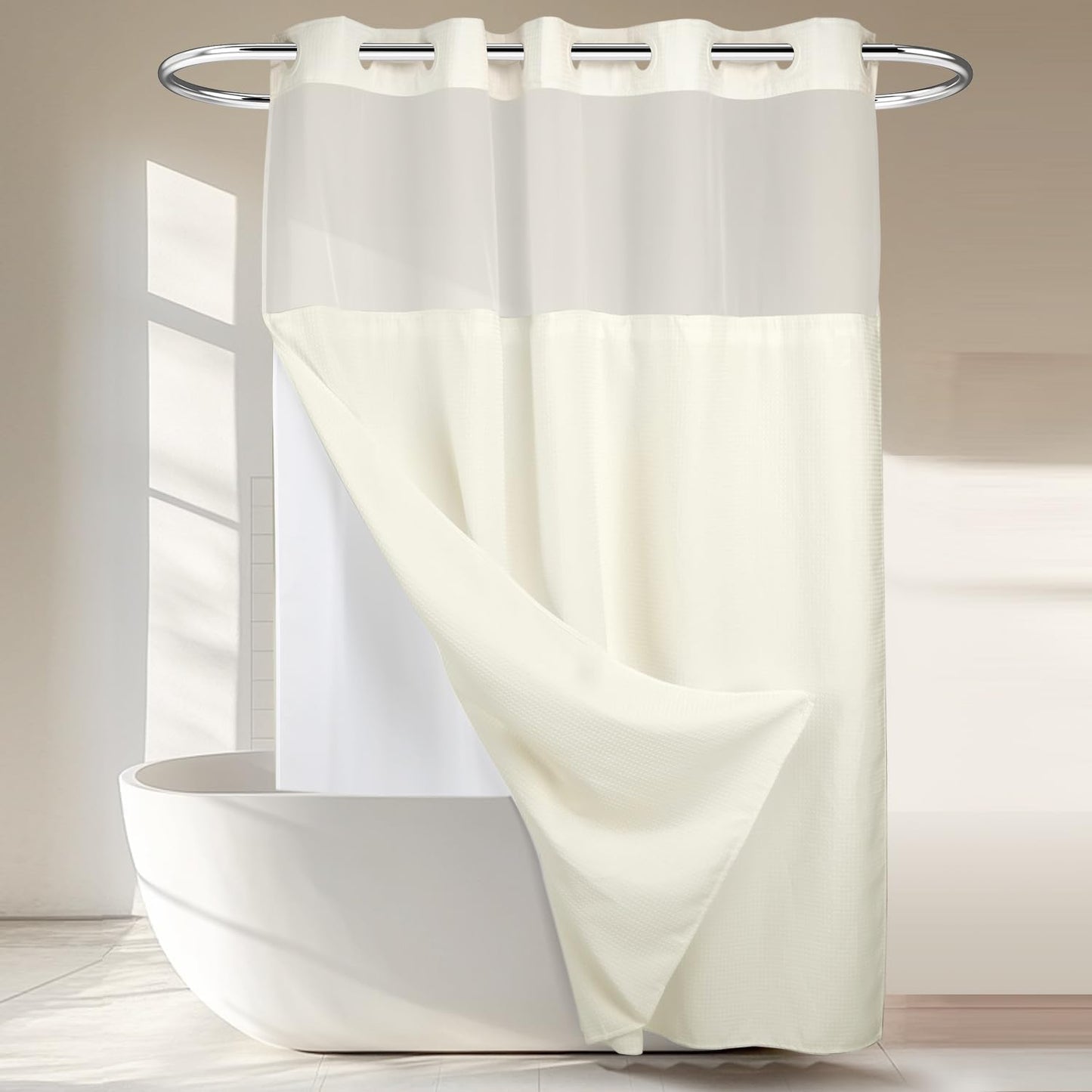 River Dream Heavyweight No Hooks Required Dotted Waffle Weave Shower Curtain with Snap in Liner - 71W x 74H,Hotel Grade,Spa Like Bath Curtain,Graphite Grey