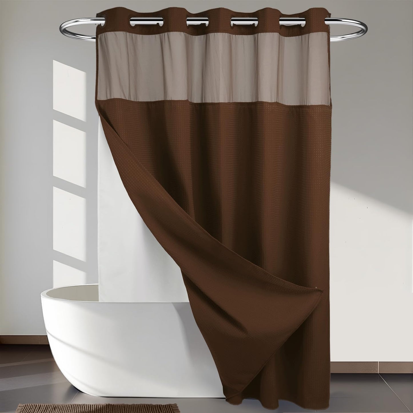 River Dream Heavyweight No Hooks Required Dotted Waffle Weave Shower Curtain with Snap in Liner - 71W x 74H,Hotel Grade,Spa Like Bath Curtain,Graphite Grey