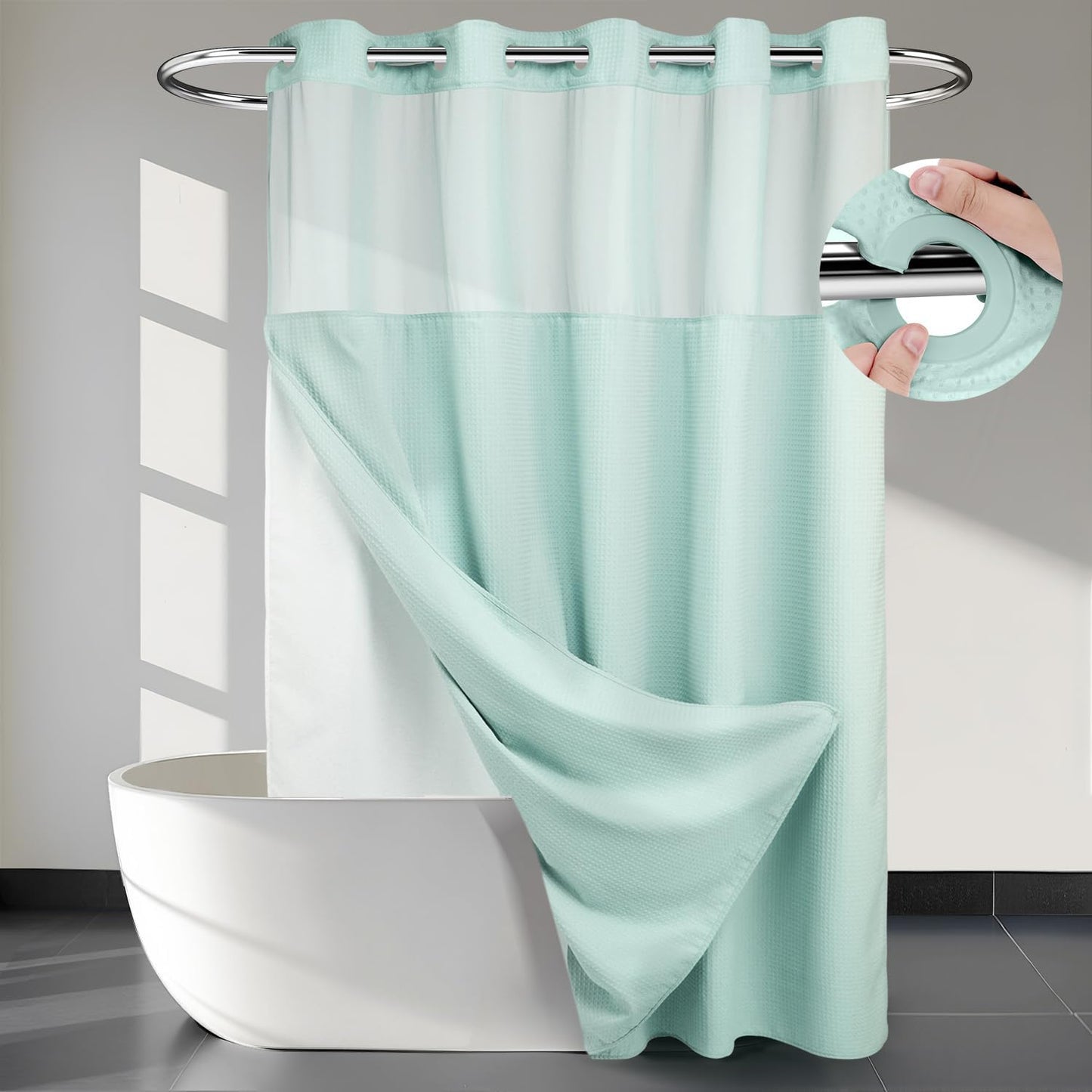 River Dream Heavyweight No Hooks Required Dotted Waffle Weave Shower Curtain with Snap in Liner - 71W x 74H,Hotel Grade,Spa Like Bath Curtain,Graphite Grey