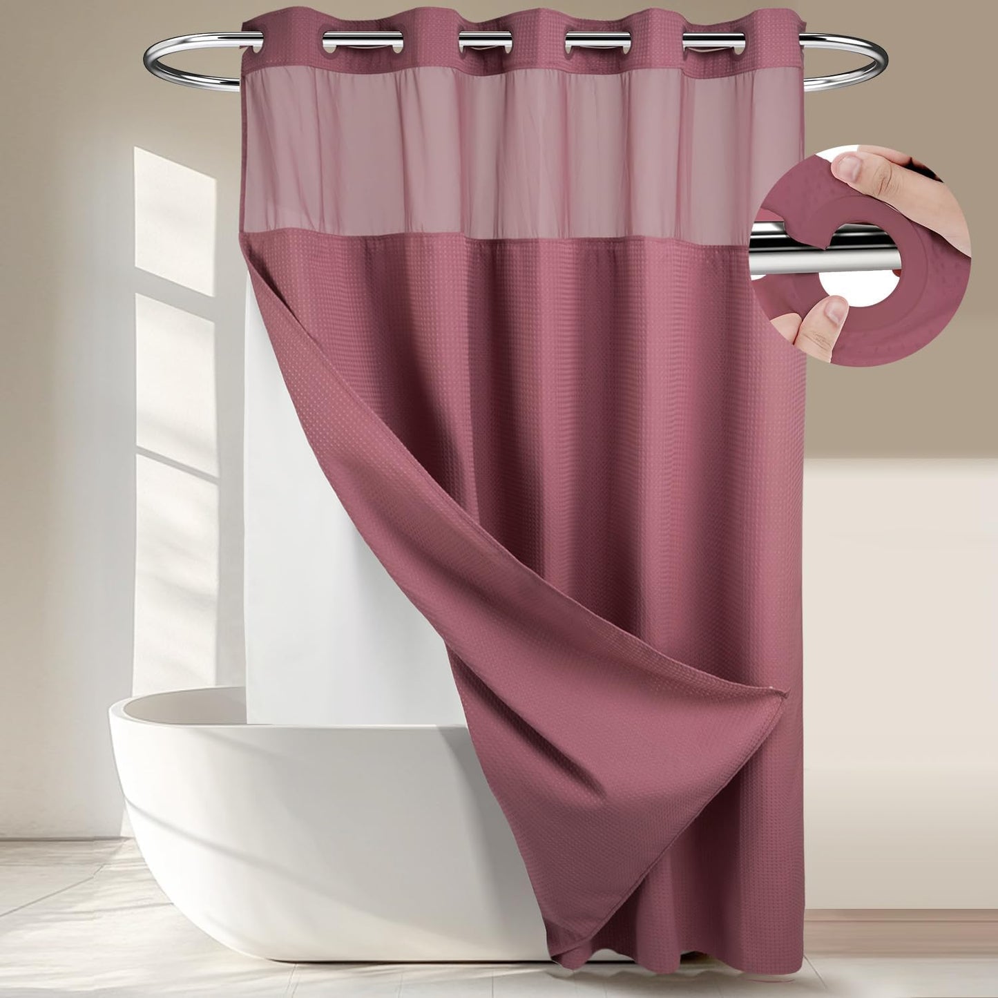 River Dream Heavyweight No Hooks Required Dotted Waffle Weave Shower Curtain with Snap in Liner - 71W x 74H,Hotel Grade,Spa Like Bath Curtain,Graphite Grey