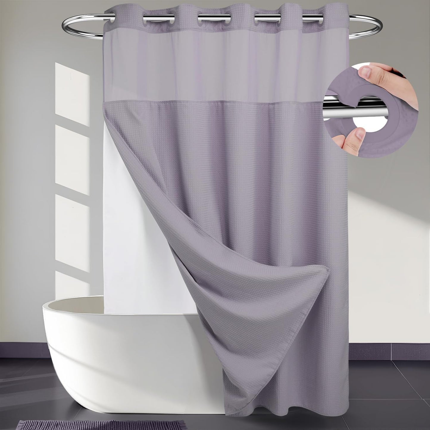 River Dream Heavyweight No Hooks Required Dotted Waffle Weave Shower Curtain with Snap in Liner - 71W x 74H,Hotel Grade,Spa Like Bath Curtain,Graphite Grey