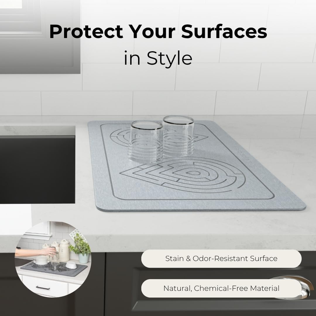 Stone Bath Mat - Instant-Drying Diatomaceous Earth Bath Mat with Grooves for No Puddles - Super Absorbent Non-Slip - Quick Dry Stone Bath Mats for Bathroom, Kitchen - 23.6 x 15.3 in - 1pc