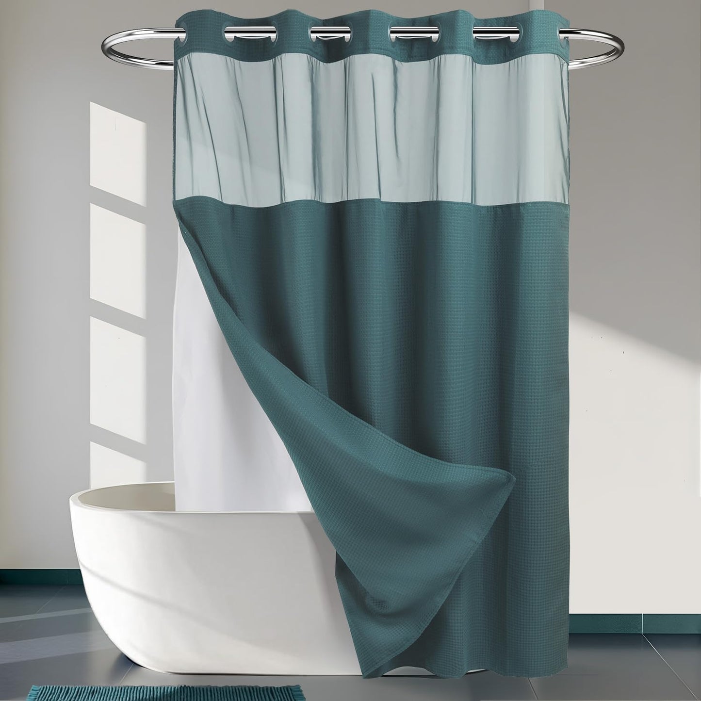 River Dream Heavyweight No Hooks Required Dotted Waffle Weave Shower Curtain with Snap in Liner - 71W x 74H,Hotel Grade,Spa Like Bath Curtain,Graphite Grey