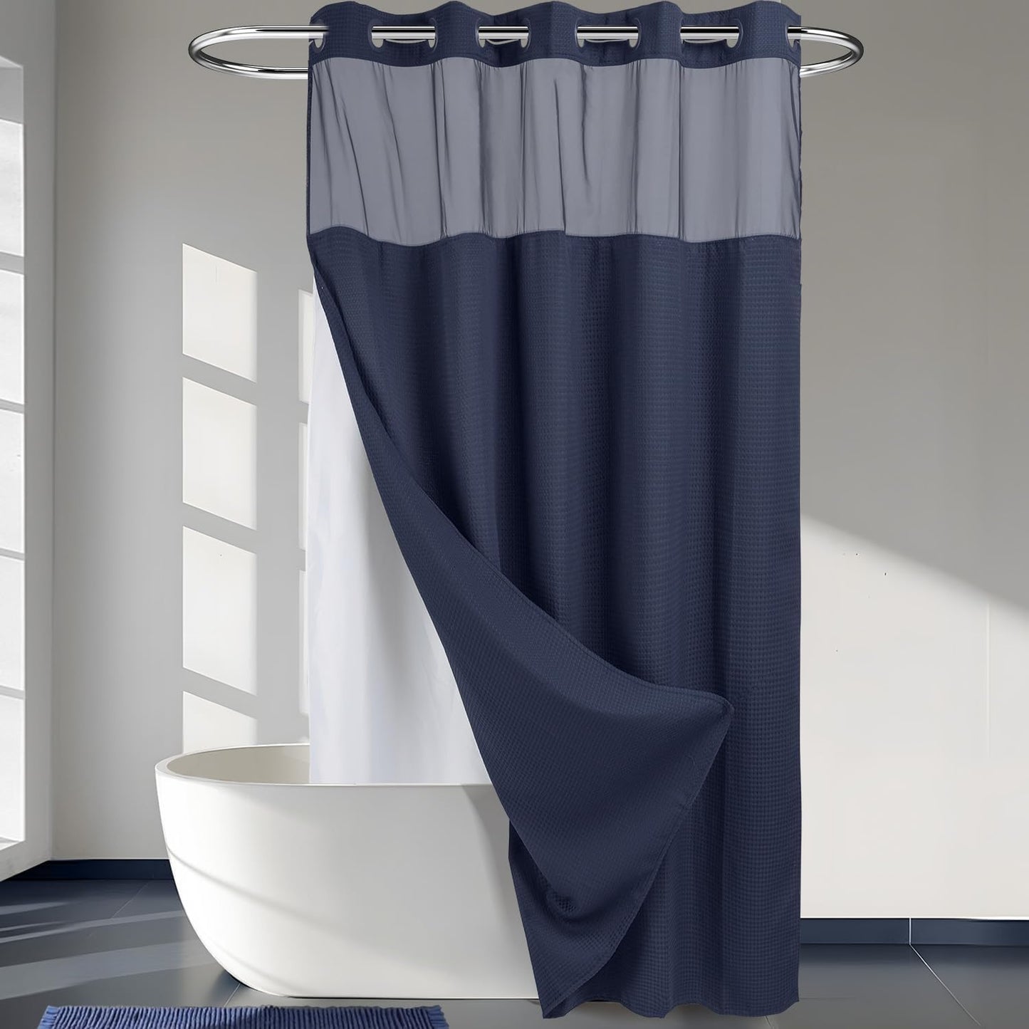 River Dream Heavyweight No Hooks Required Dotted Waffle Weave Shower Curtain with Snap in Liner - 71W x 74H,Hotel Grade,Spa Like Bath Curtain,Graphite Grey
