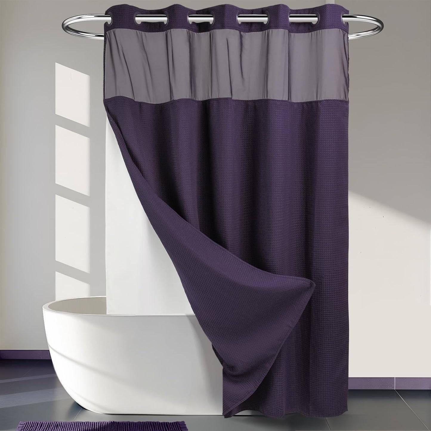 River Dream Heavyweight No Hooks Required Dotted Waffle Weave Shower Curtain with Snap in Liner - 71W x 74H,Hotel Grade,Spa Like Bath Curtain,Graphite Grey