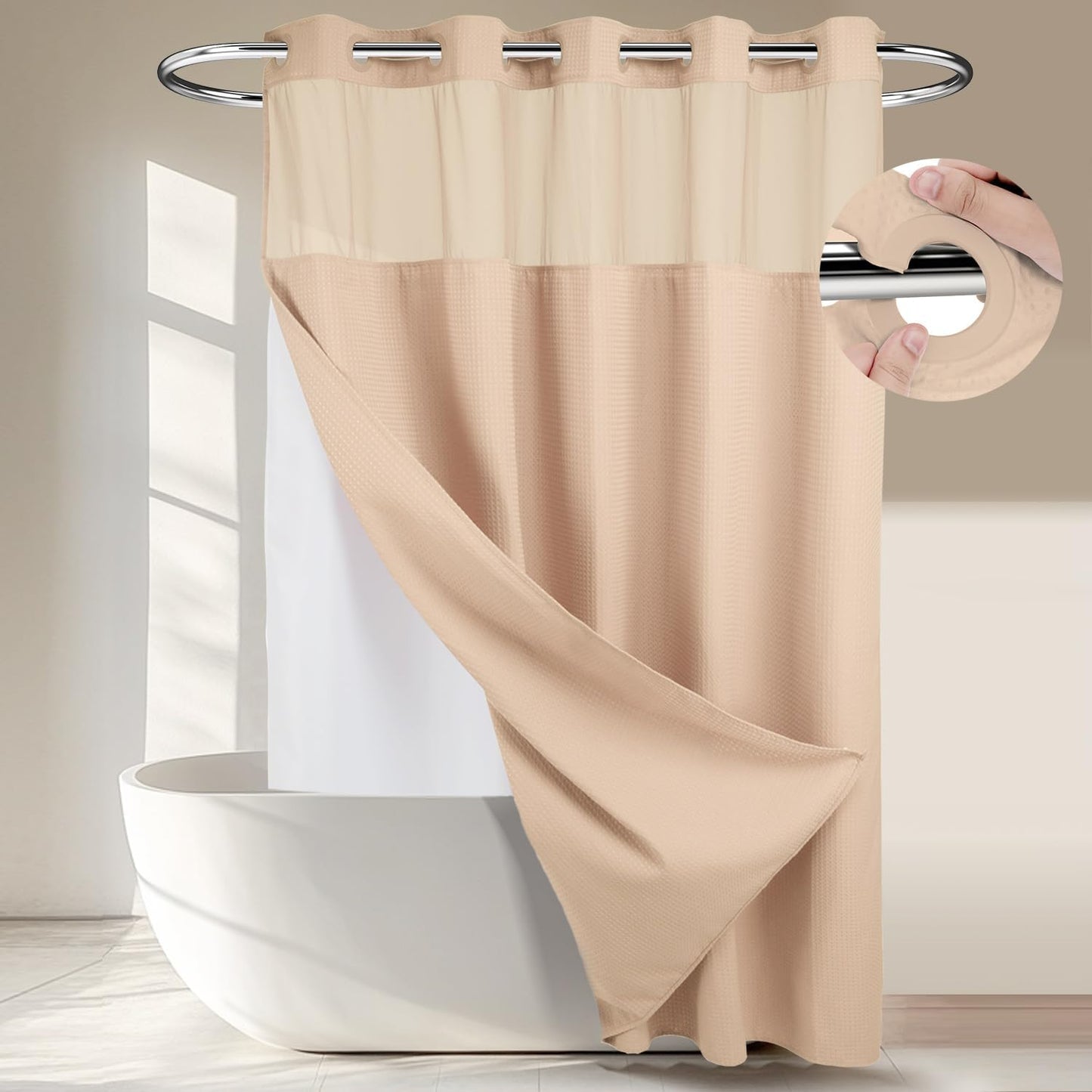 River Dream Heavyweight No Hooks Required Dotted Waffle Weave Shower Curtain with Snap in Liner - 71W x 74H,Hotel Grade,Spa Like Bath Curtain,Graphite Grey