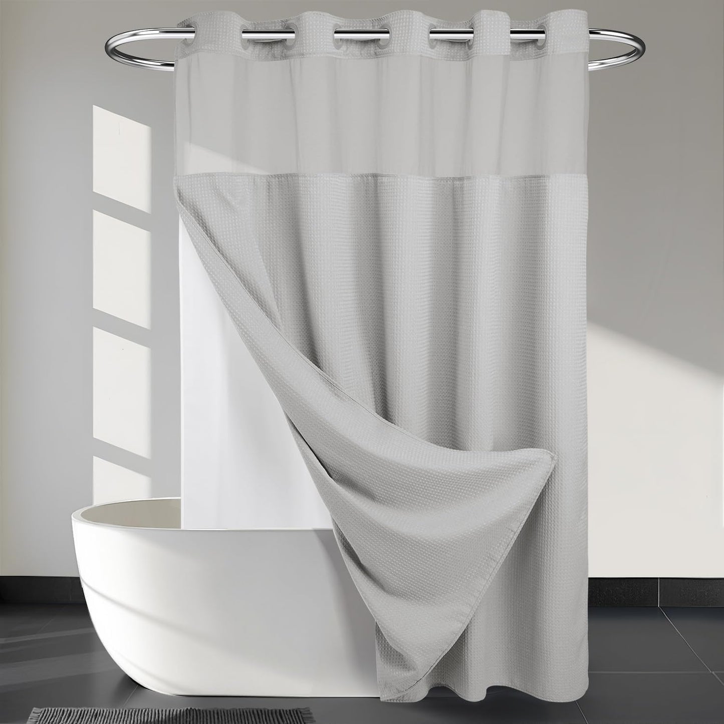 River Dream Heavyweight No Hooks Required Dotted Waffle Weave Shower Curtain with Snap in Liner - 71W x 74H,Hotel Grade,Spa Like Bath Curtain,Graphite Grey