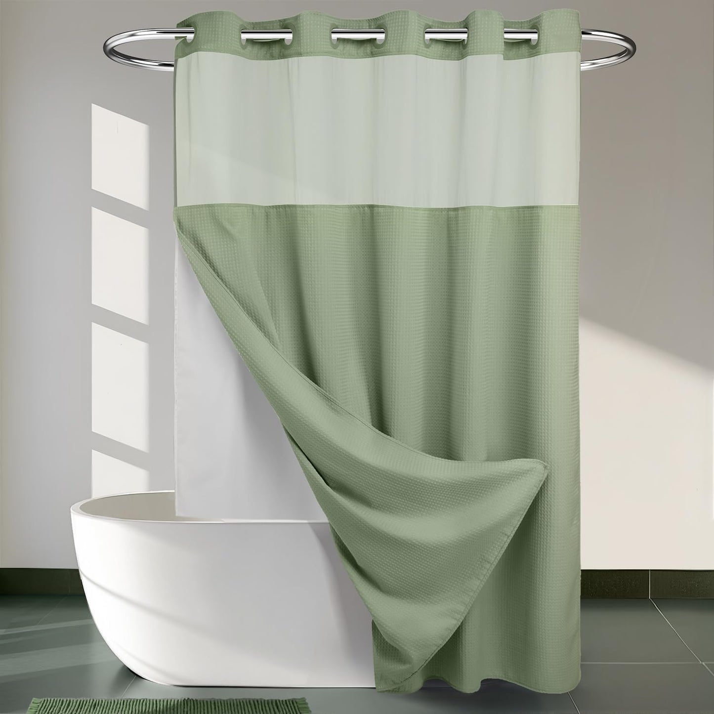 River Dream Heavyweight No Hooks Required Dotted Waffle Weave Shower Curtain with Snap in Liner - 71W x 74H,Hotel Grade,Spa Like Bath Curtain,Graphite Grey