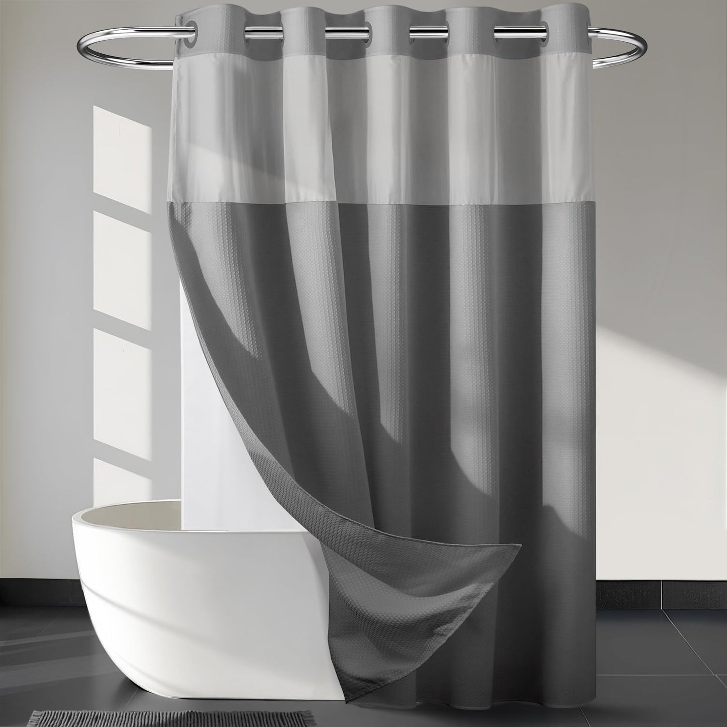 River Dream Heavyweight No Hooks Required Dotted Waffle Weave Shower Curtain with Snap in Liner - 71W x 74H,Hotel Grade,Spa Like Bath Curtain,Graphite Grey