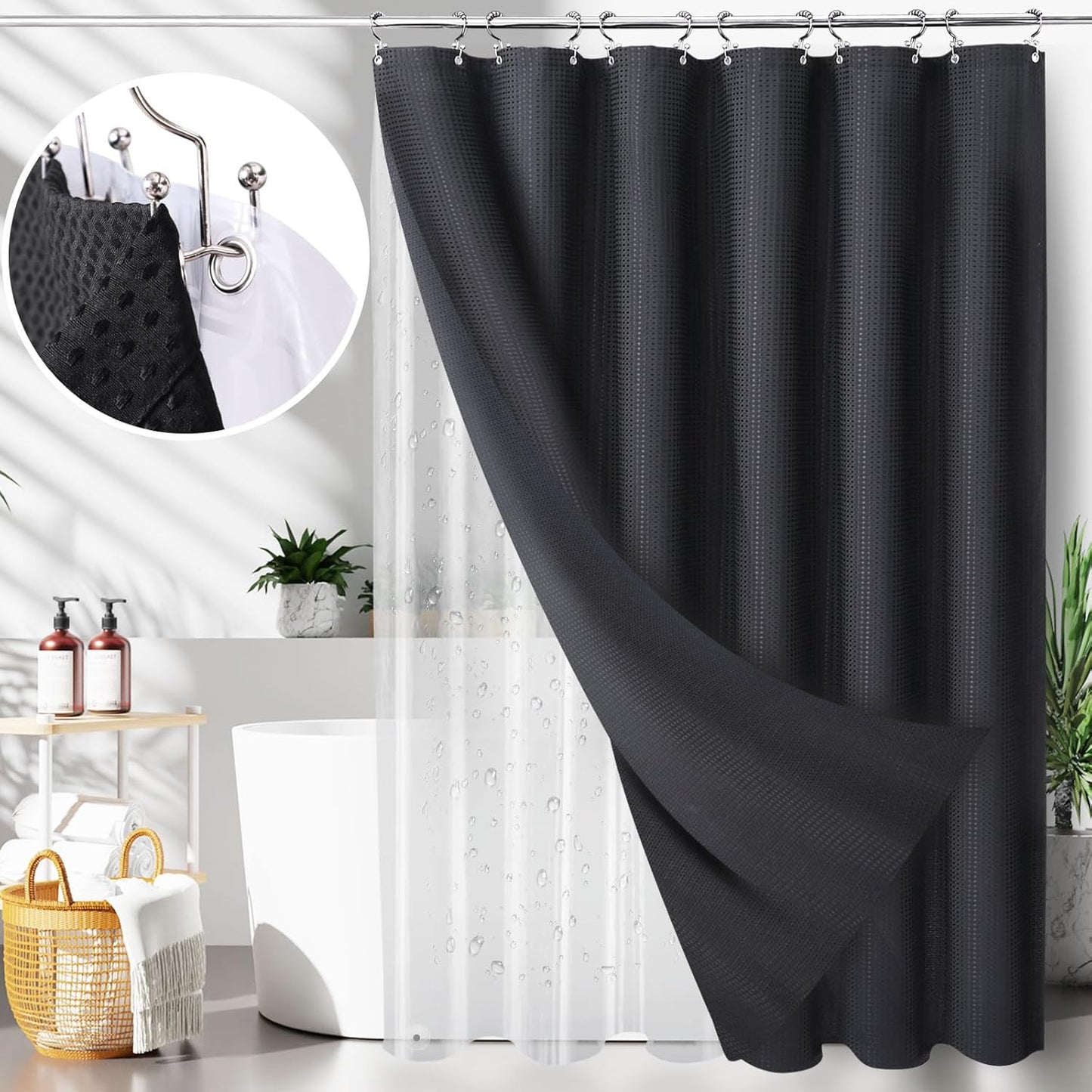 LaCyan 3 in 1 Waterproof Waffle Weave Shower Curtain and Clear Liner Set with 12 Stainless Steel Hooks Double Sided for Bathroom 72 Inches Heavy Duty Polyester Fabric Shower Curtains 72x84