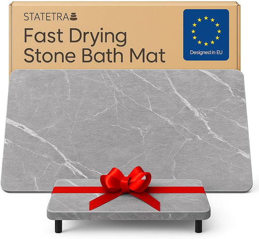 Stone Bath Mat Quick-Dry Absorbing Diatomaceous Earth Bath Mat | 2 Stone Mats - Large & Small Mat for Bathroom | Anti-Slip Diatomaceous Bathmat 100% Natural Bathroom Rug Stones (Gray Marble)