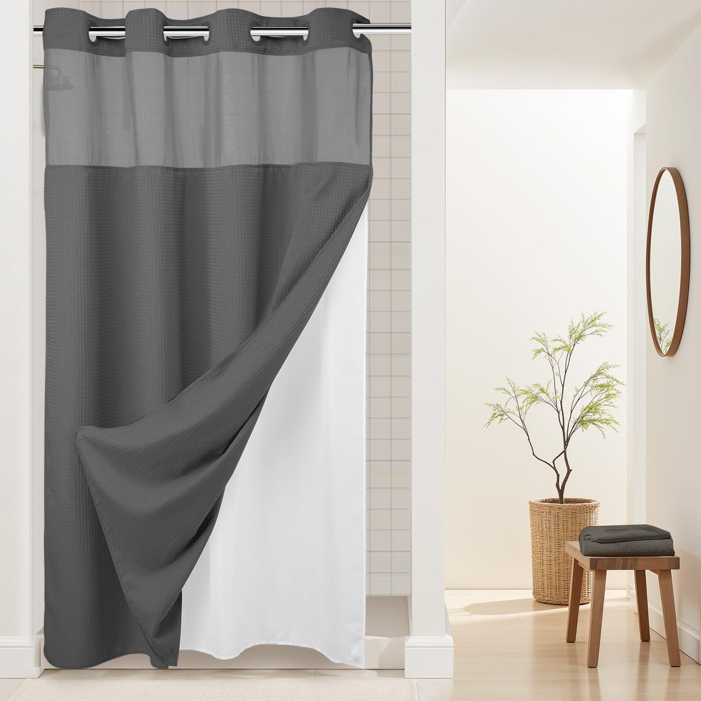 River Dream Heavyweight No Hooks Required Dotted Waffle Weave Shower Curtain with Snap in Liner - 71W x 74H,Hotel Grade,Spa Like Bath Curtain,Graphite Grey