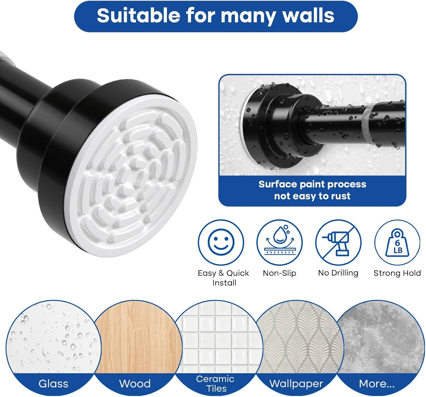 2Pack Shower Curtain Rod 45-78Inch,Tension Curtain Rods,Black Shower Rods for Bathroom, Spring Tension Rod No Drilling for Window,Closet, Door