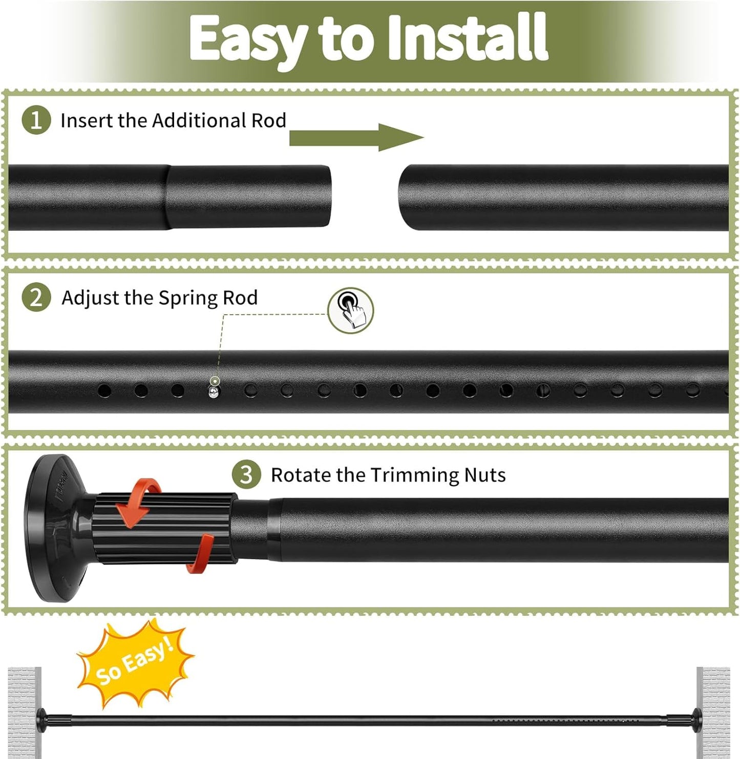 Tension Shower Curtain Rod 51-126In(4.25-10.5Ft), Long Shower Curtain Rod No Drilling for Window or Bathroom Patio, Adjustable Spring Shower Rod, Easy to Install Never Rust Rod Diameter 1.26Inch-Black