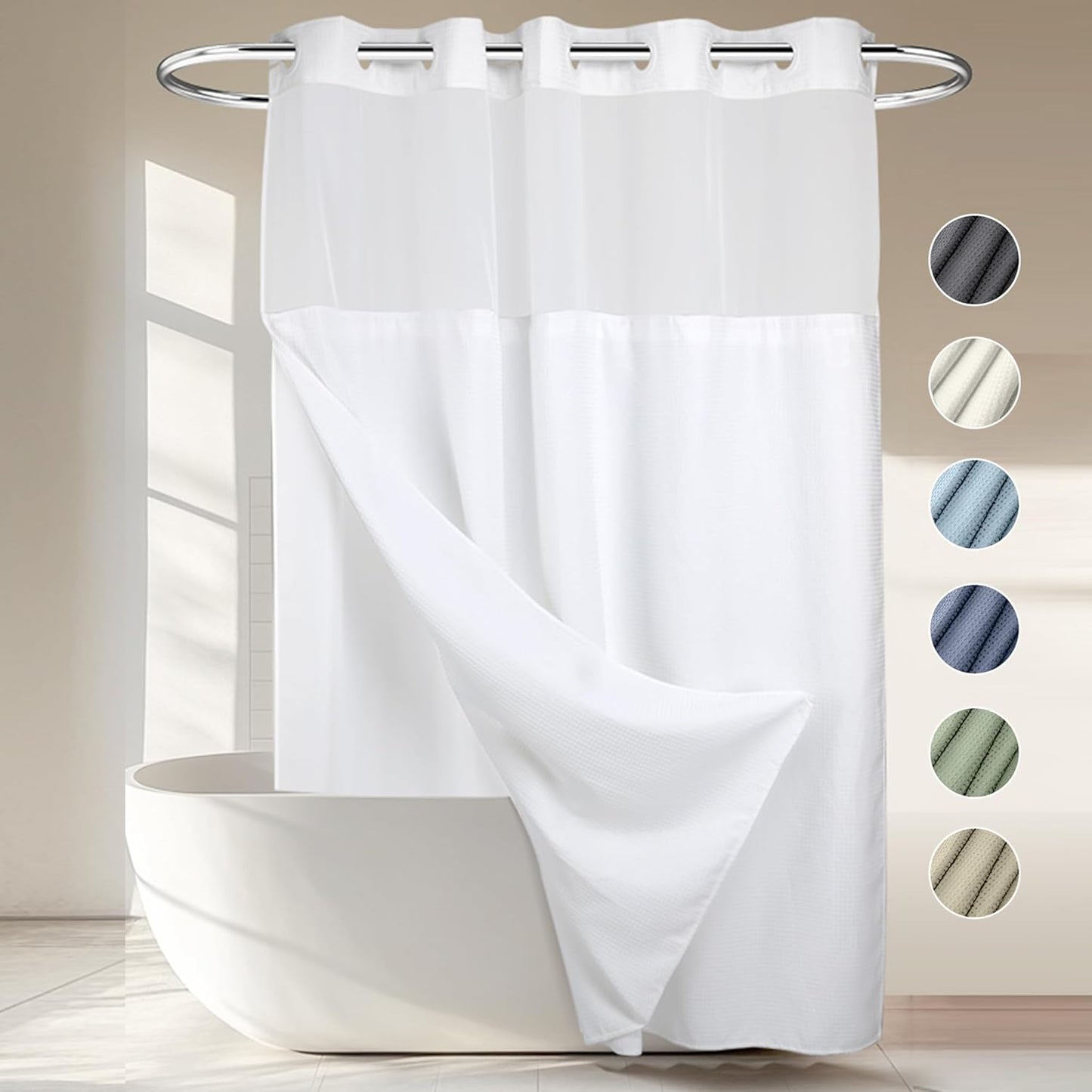 River Dream Heavyweight No Hooks Required Dotted Waffle Weave Shower Curtain with Snap in Liner - 71W x 74H,Hotel Grade,Spa Like Bath Curtain,Graphite Grey