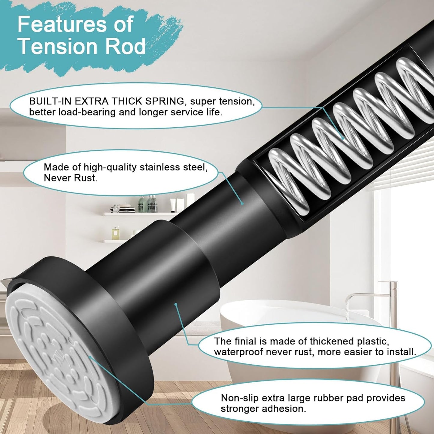 YNL Black Shower Curtain Rod 32-80 Inch(2.7-6.6ft), Non-Slip, Never Rust, Stainless Steel No Drill Spring Tension Shower Rod, Telescoping Curtain Rod for Bathroom Window Living Room