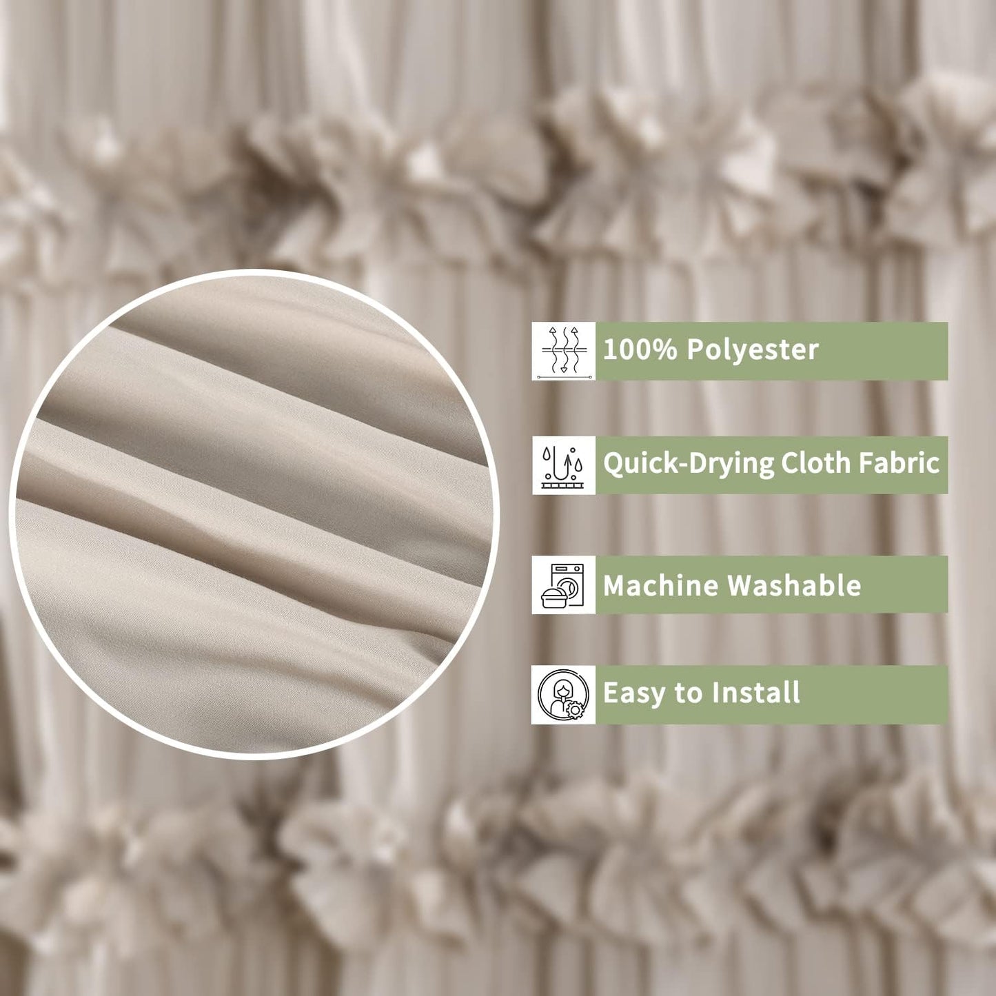 Camel Ruffle Shower Curtain, Vintage Handcrafted Bow Tie Ruched Microfiber Bath Curtain for Master Bathroom with 12 Buttonholes, 72" W x 72" H (LQ-10)