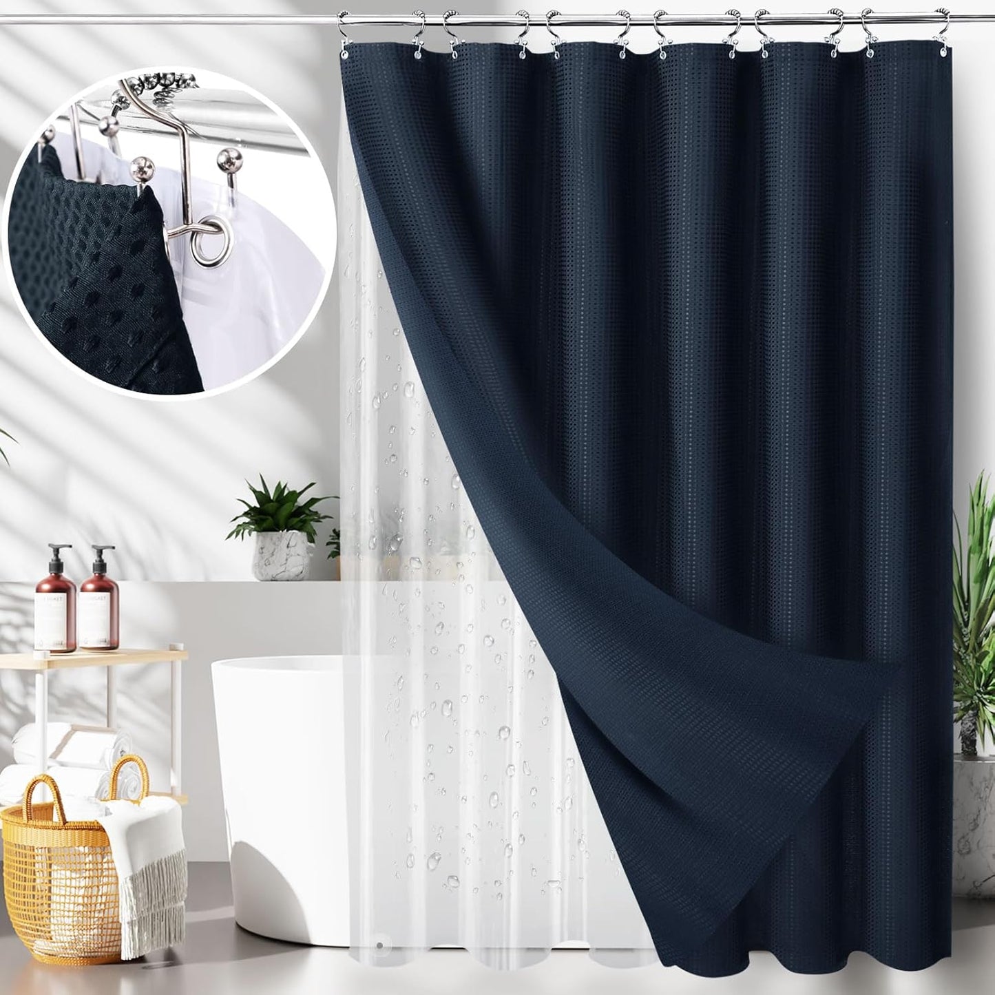 LaCyan 3 in 1 Waterproof Waffle Weave Shower Curtain and Clear Liner Set with 12 Stainless Steel Hooks Double Sided for Bathroom 72 Inches Heavy Duty Polyester Fabric Shower Curtains 72x84