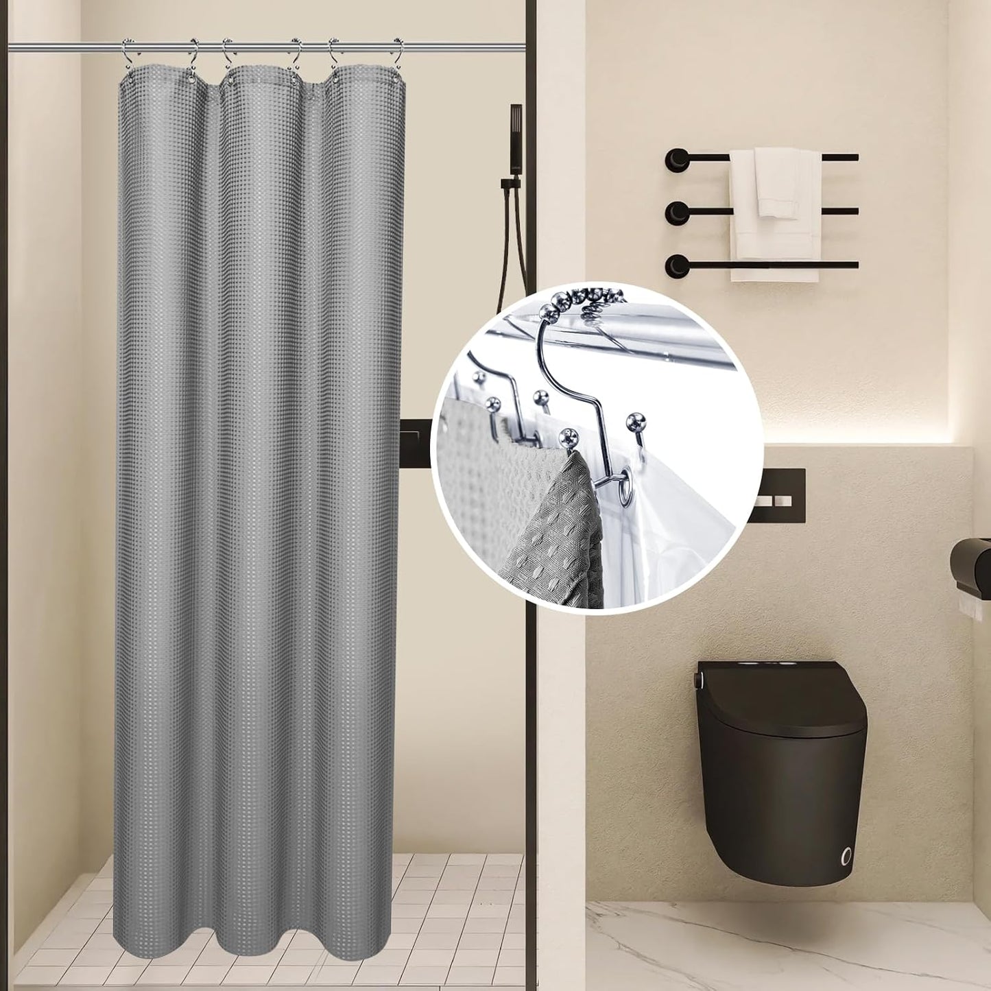 LaCyan 3 in 1 Waterproof Waffle Weave Shower Curtain and Clear Liner Set with 12 Stainless Steel Hooks Double Sided for Bathroom 72 Inches Heavy Duty Polyester Fabric Shower Curtains 72x84