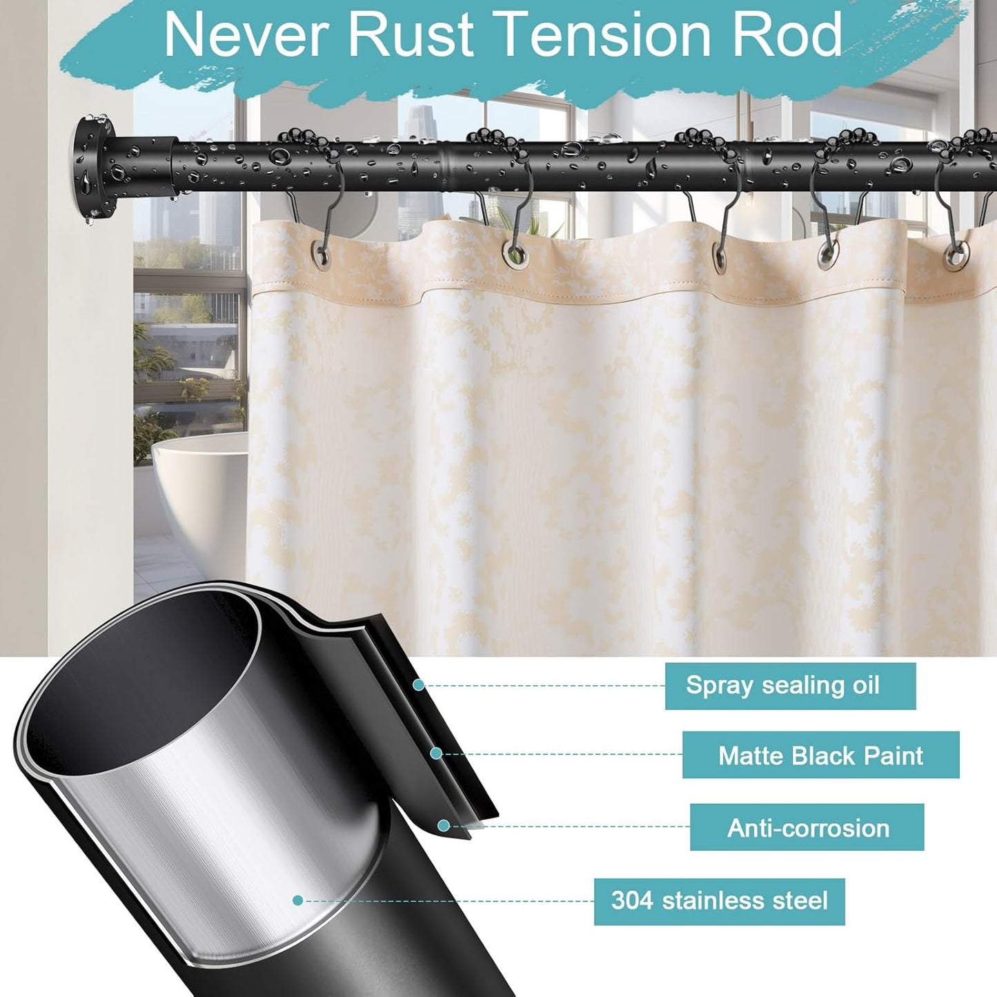 YNL Black Shower Curtain Rod 32-80 Inch(2.7-6.6ft), Non-Slip, Never Rust, Stainless Steel No Drill Spring Tension Shower Rod, Telescoping Curtain Rod for Bathroom Window Living Room