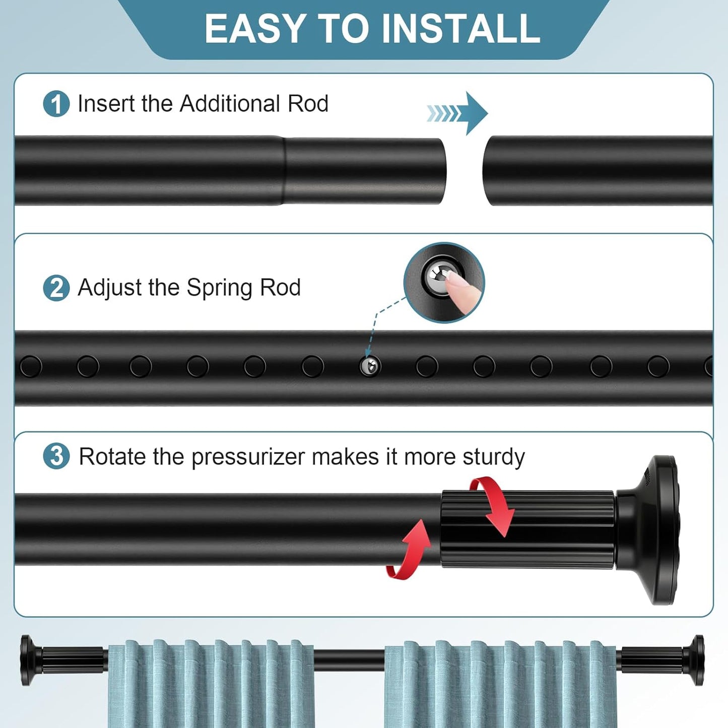 Tension Curtain Rod 51-168 In (4.25-14 Ft), Extra Long Tension Curtain Rod for Patio, Outdoor Curtain Rod No Drilling, Adjustable Spring Shower Rod for Bathroom Window Easy to Install No Rust, Black