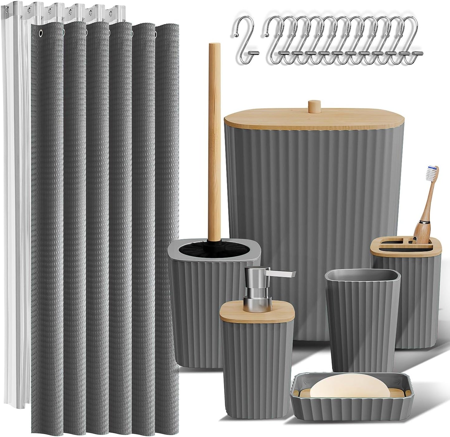 Clara Clark Bathroom Accessories Set - Bathroom Set, 20PC Bathroom Accessory Set, Black Shower Curtain Set, Toilet Brush, Trash Can & Soap Dispenser
