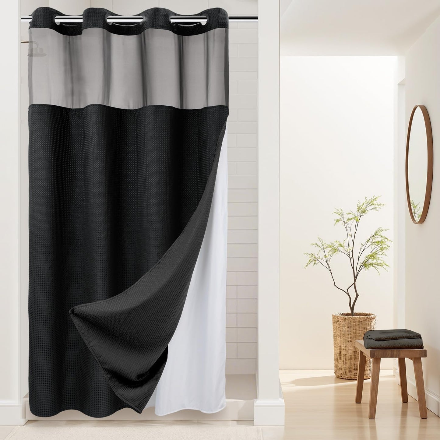 River Dream Heavyweight No Hooks Required Dotted Waffle Weave Shower Curtain with Snap in Liner - 71W x 74H,Hotel Grade,Spa Like Bath Curtain,Graphite Grey
