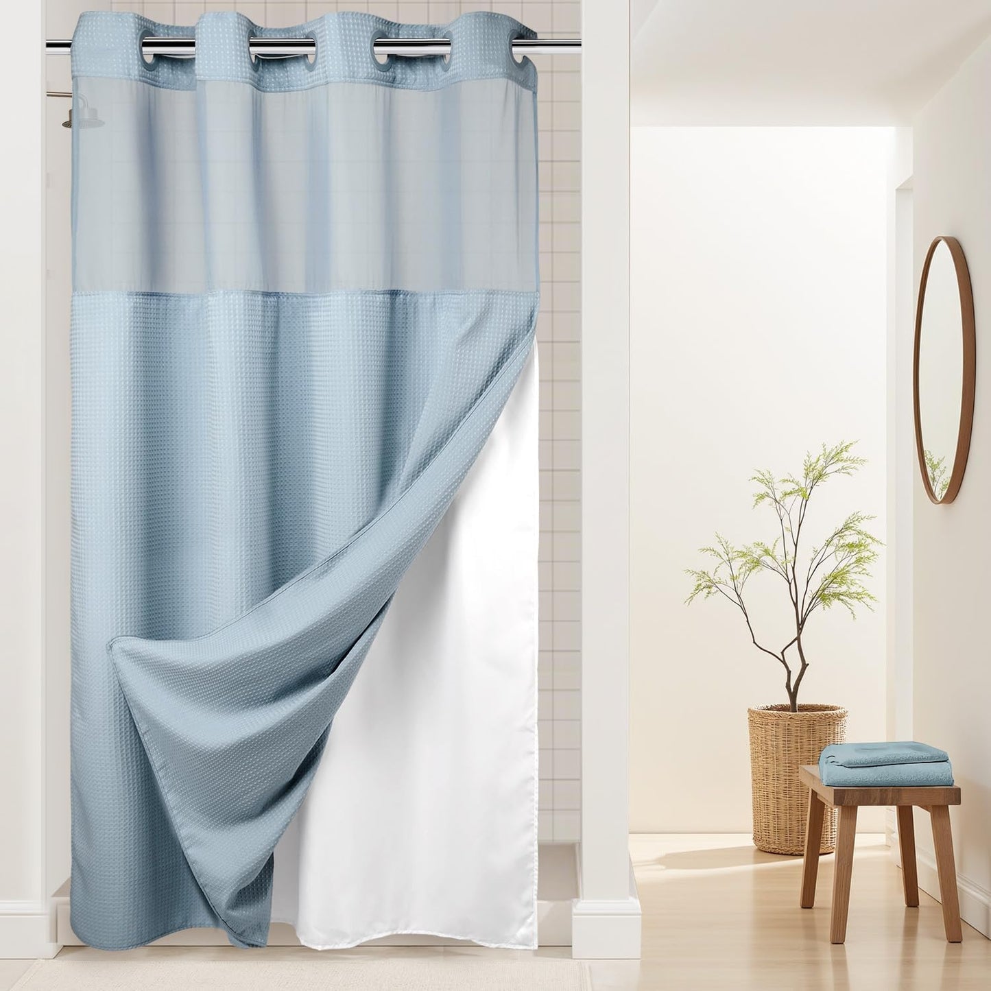 River Dream Heavyweight No Hooks Required Dotted Waffle Weave Shower Curtain with Snap in Liner - 71W x 74H,Hotel Grade,Spa Like Bath Curtain,Graphite Grey