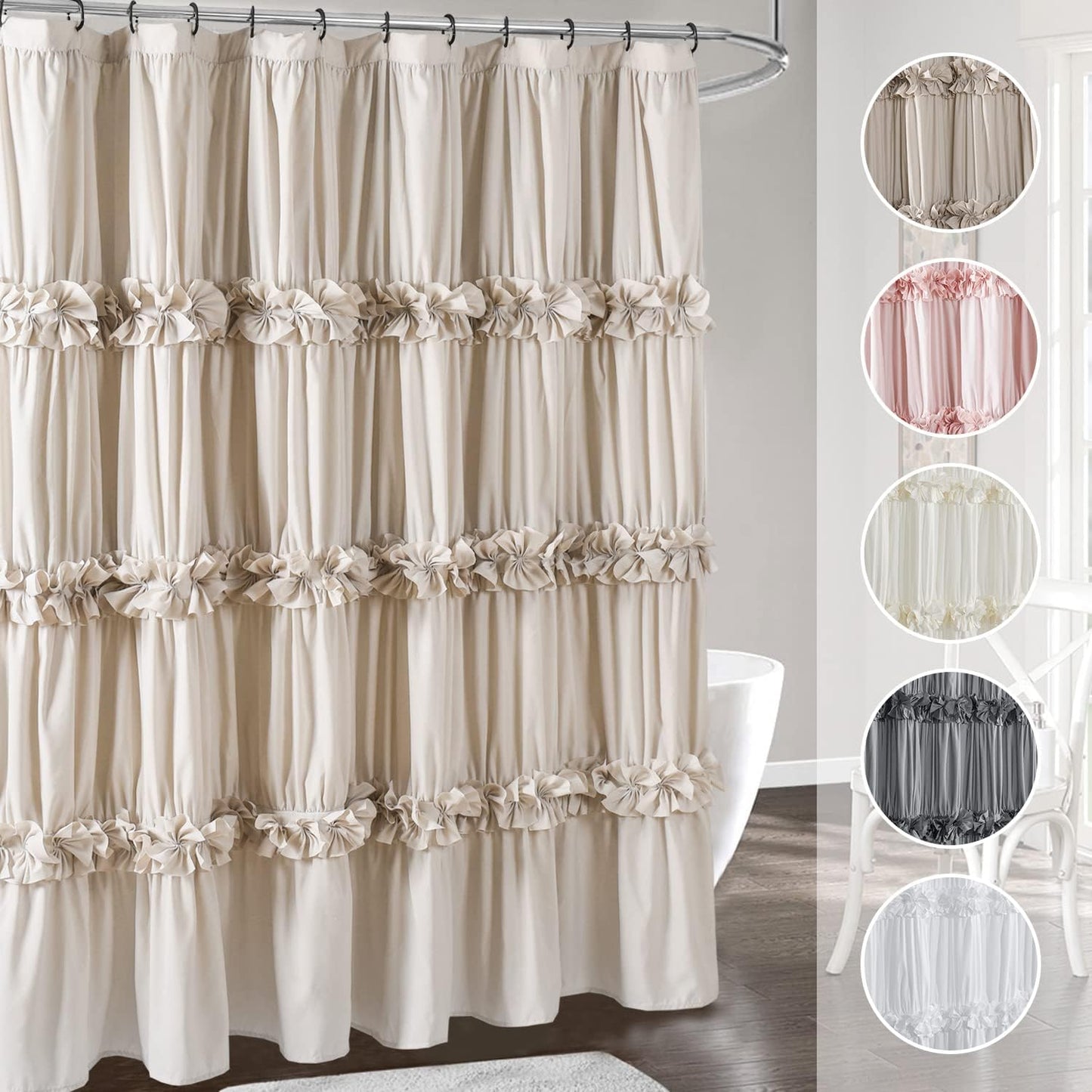 Camel Ruffle Shower Curtain, Vintage Handcrafted Bow Tie Ruched Microfiber Bath Curtain for Master Bathroom with 12 Buttonholes, 72" W x 72" H (LQ-10)