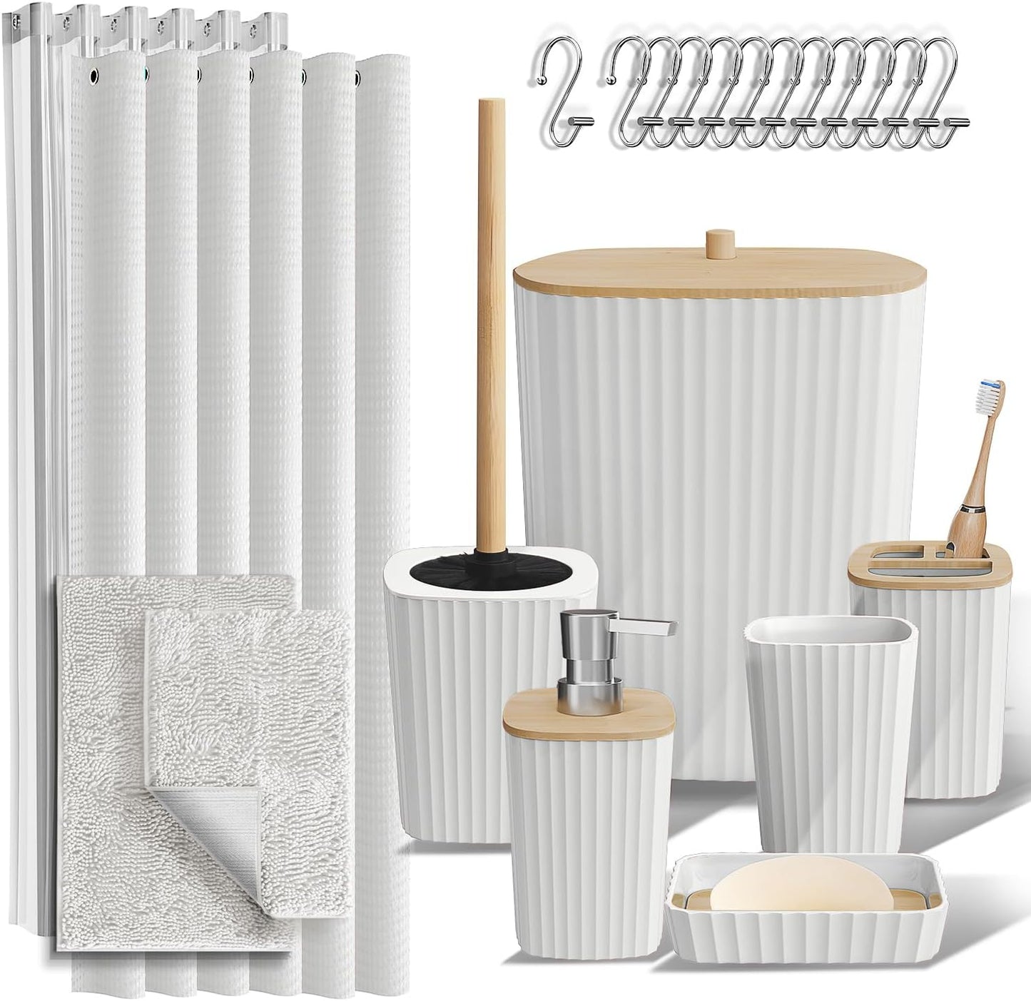 Clara Clark Bathroom Accessories Set - Bathroom Set, 20PC Bathroom Accessory Set, Black Shower Curtain Set, Toilet Brush, Trash Can & Soap Dispenser