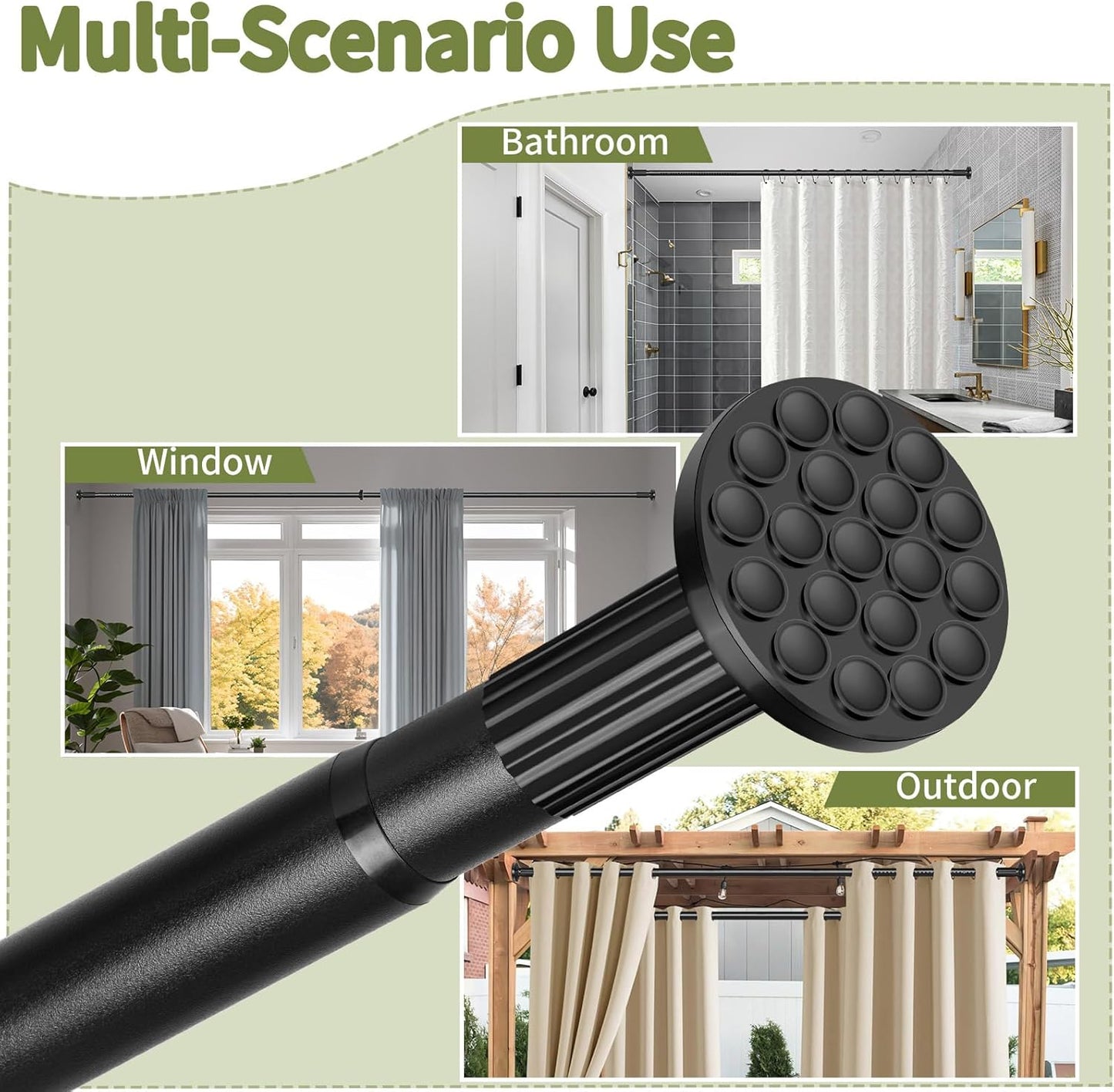 Tension Shower Curtain Rod 51-126In(4.25-10.5Ft), Long Shower Curtain Rod No Drilling for Window or Bathroom Patio, Adjustable Spring Shower Rod, Easy to Install Never Rust Rod Diameter 1.26Inch-Black